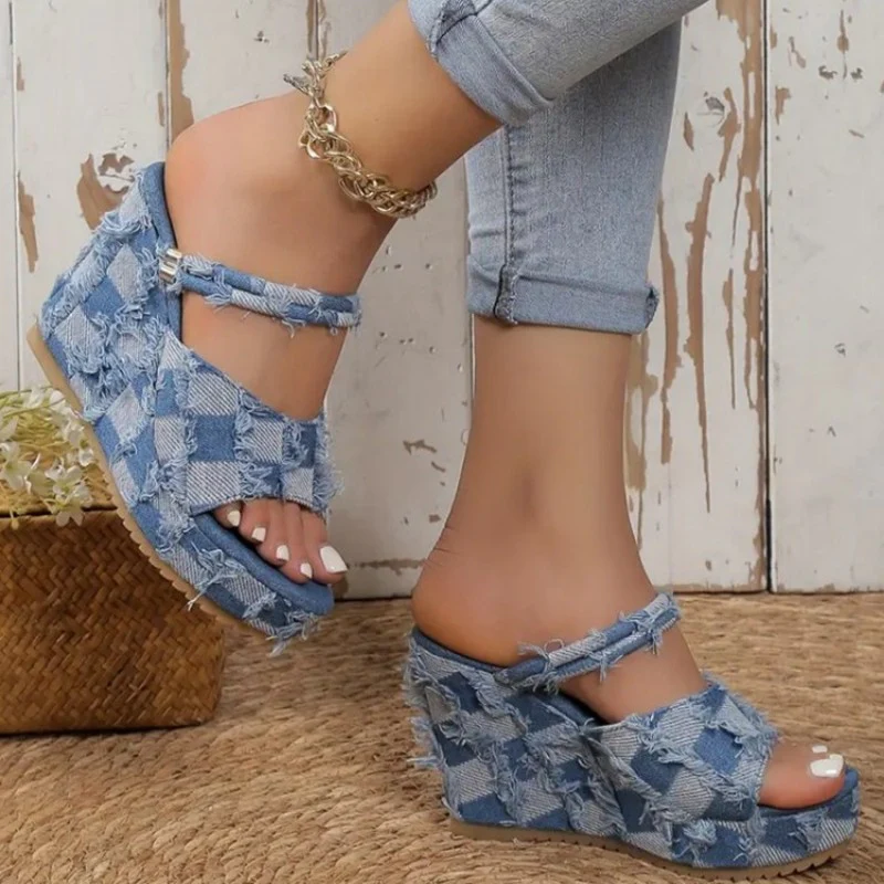 Casual Patchwork Fish Mouth Out Door Wedges Shoes