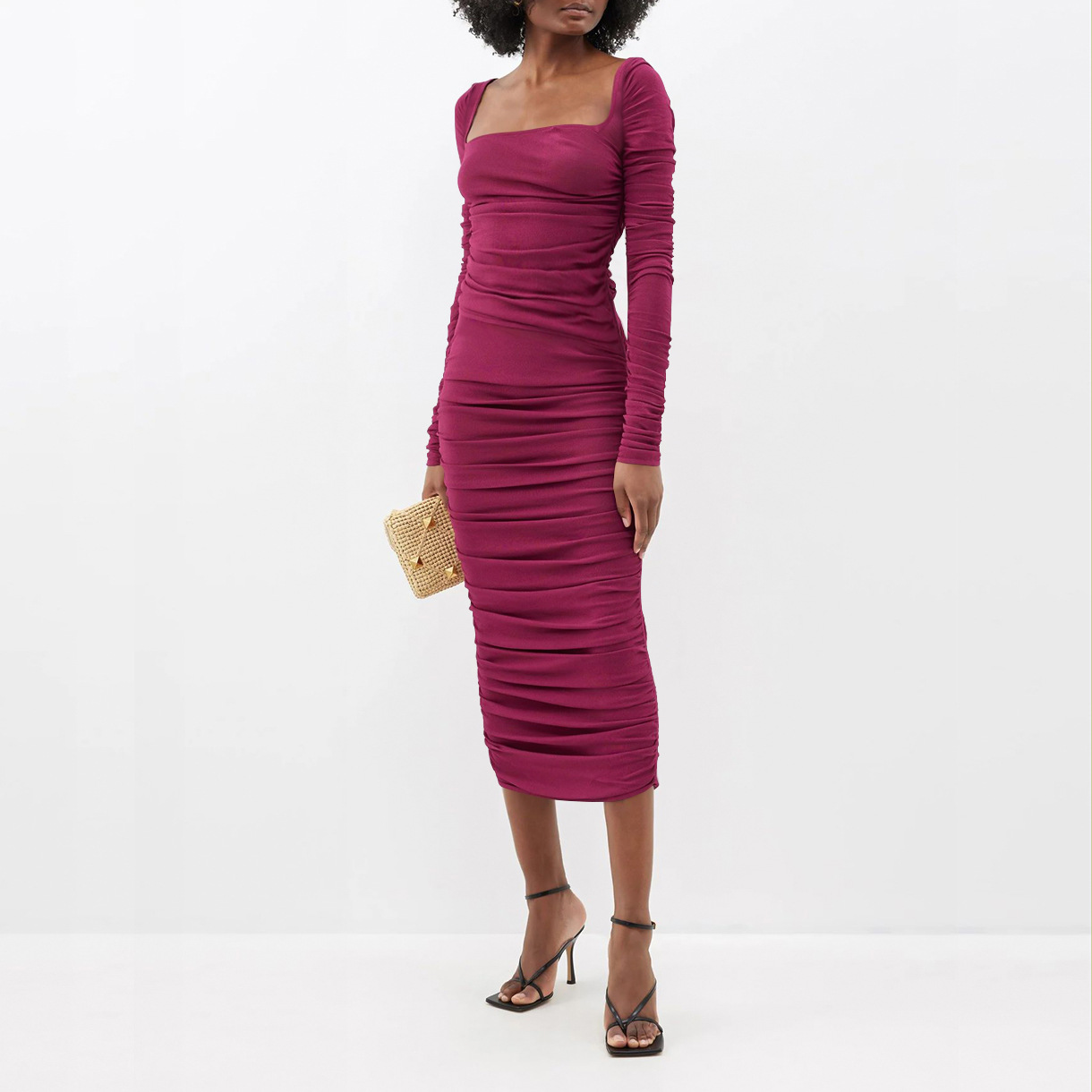 Long-sleeved dress, Europe and the United States silk pleated square neck dress, tight one-step evening dresses