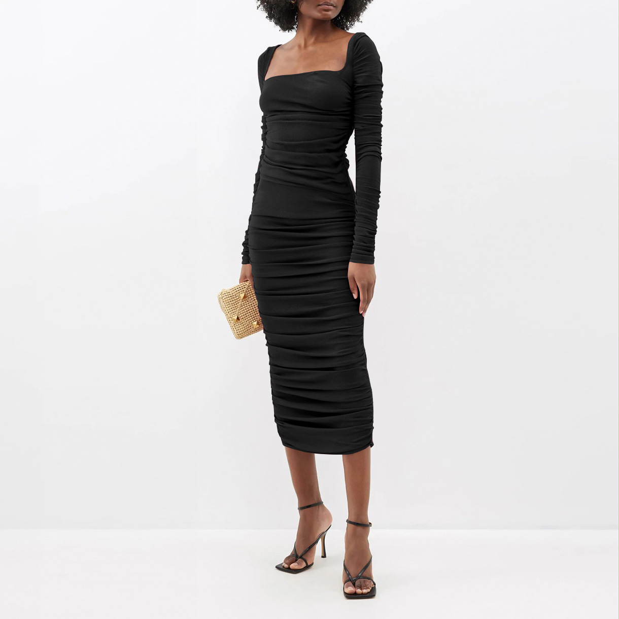 Long-sleeved dress, Europe and the United States silk pleated square neck dress, tight one-step evening dresses