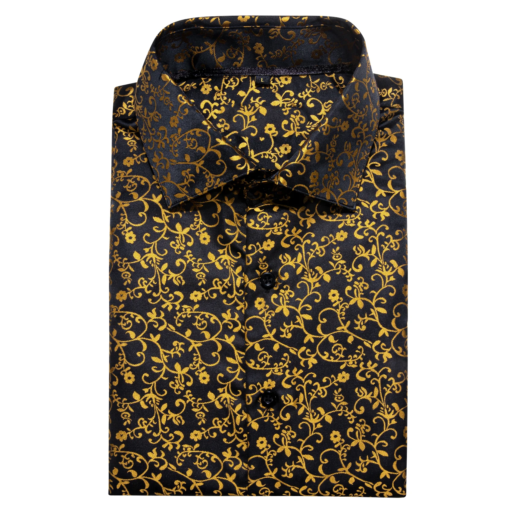 Black Golden Floral Style Silk Men's Long Sleeve Shirt