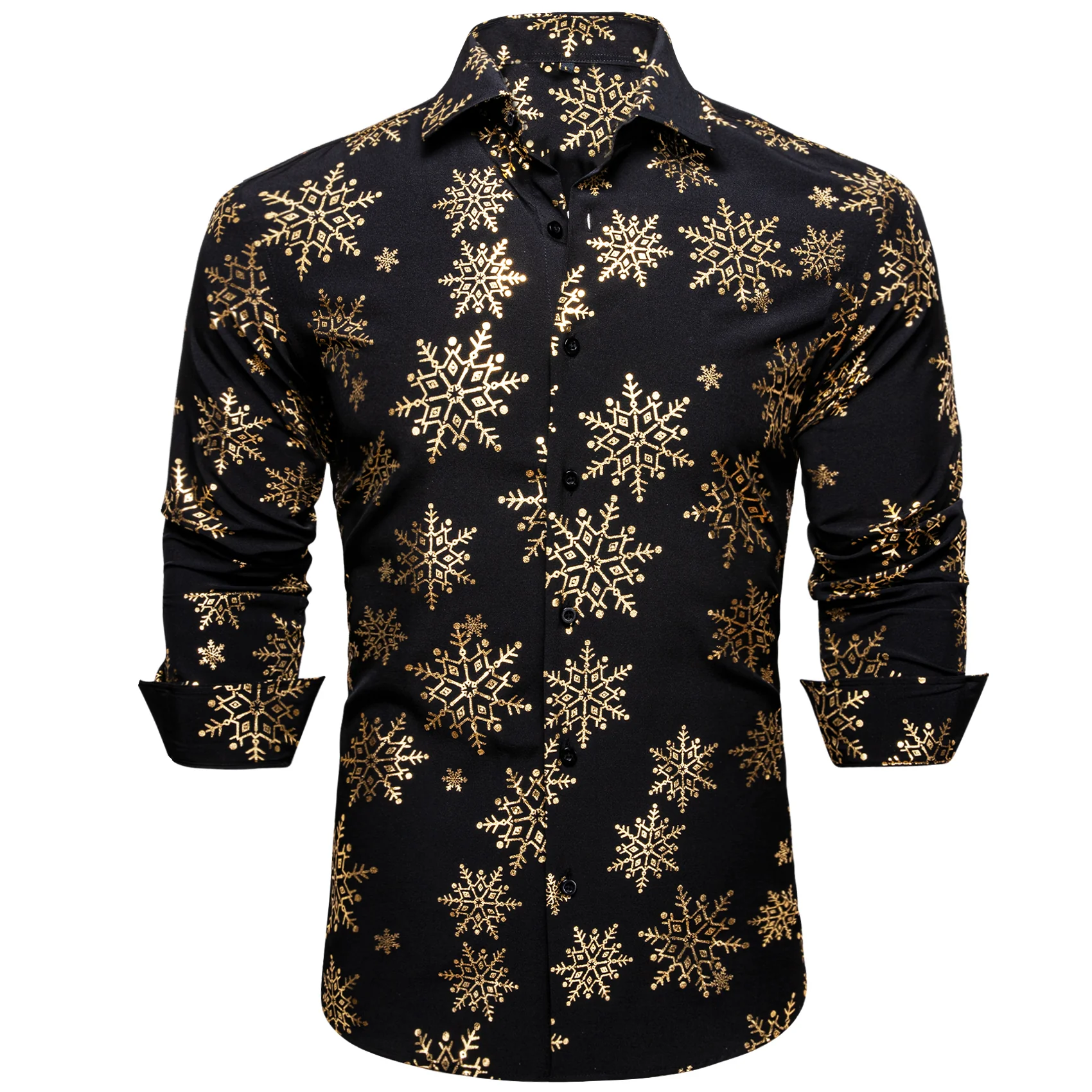Christmas New Black with Golden Snowflake Floral Men's Long Sleeve Shirt