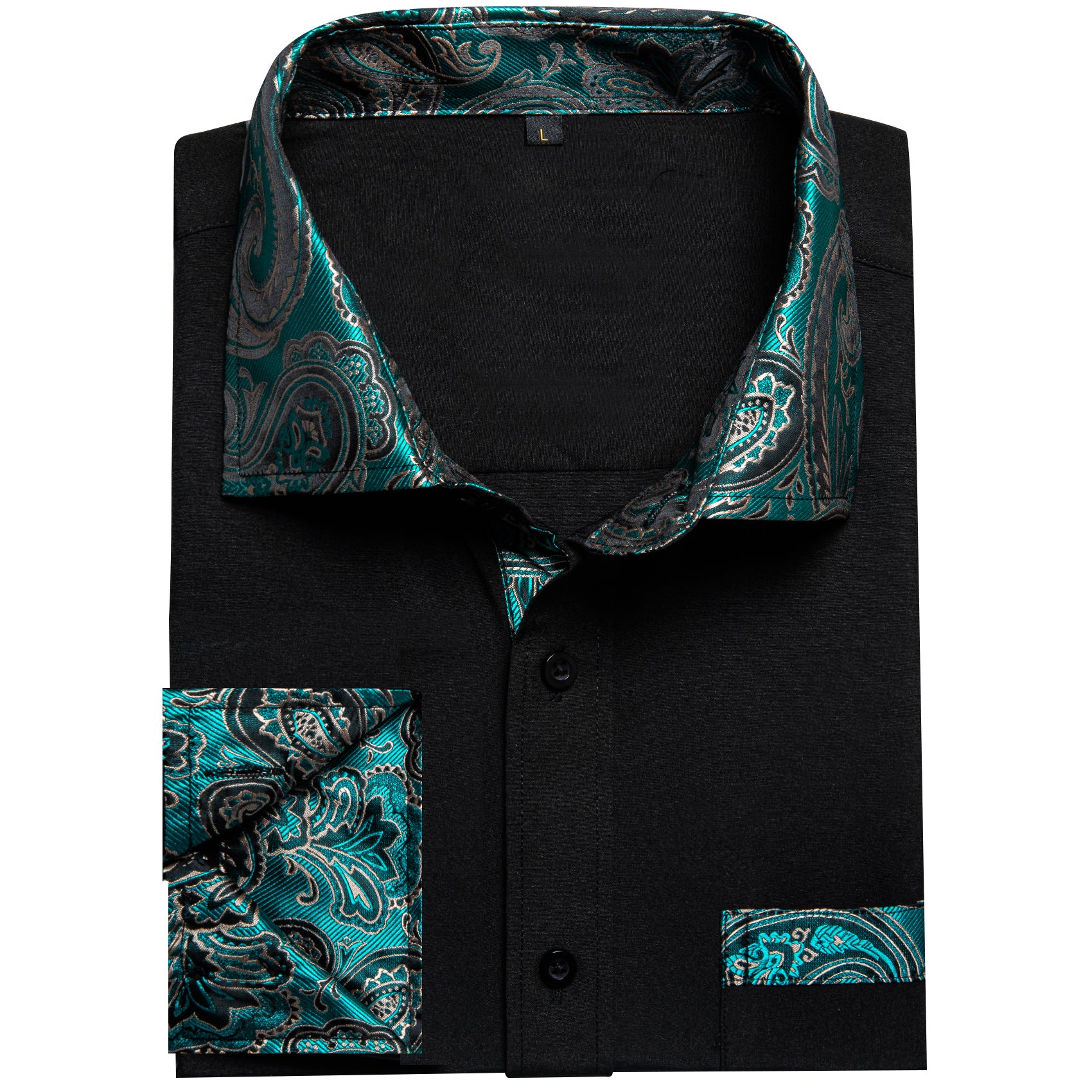 Splicing Style Black with Lake Blue Paisley Edge Men's Solid Long Sleeve Shirt