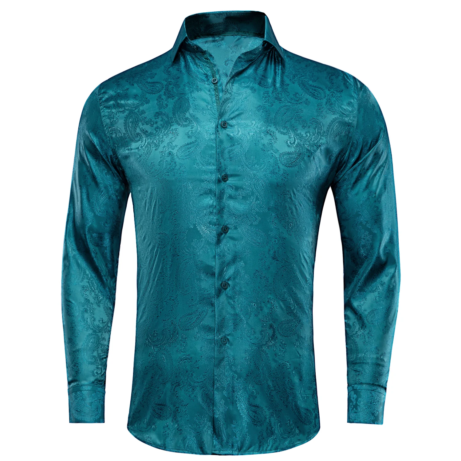 New Lake Blue Paisley Silk Men's Long Sleeve Shirt
