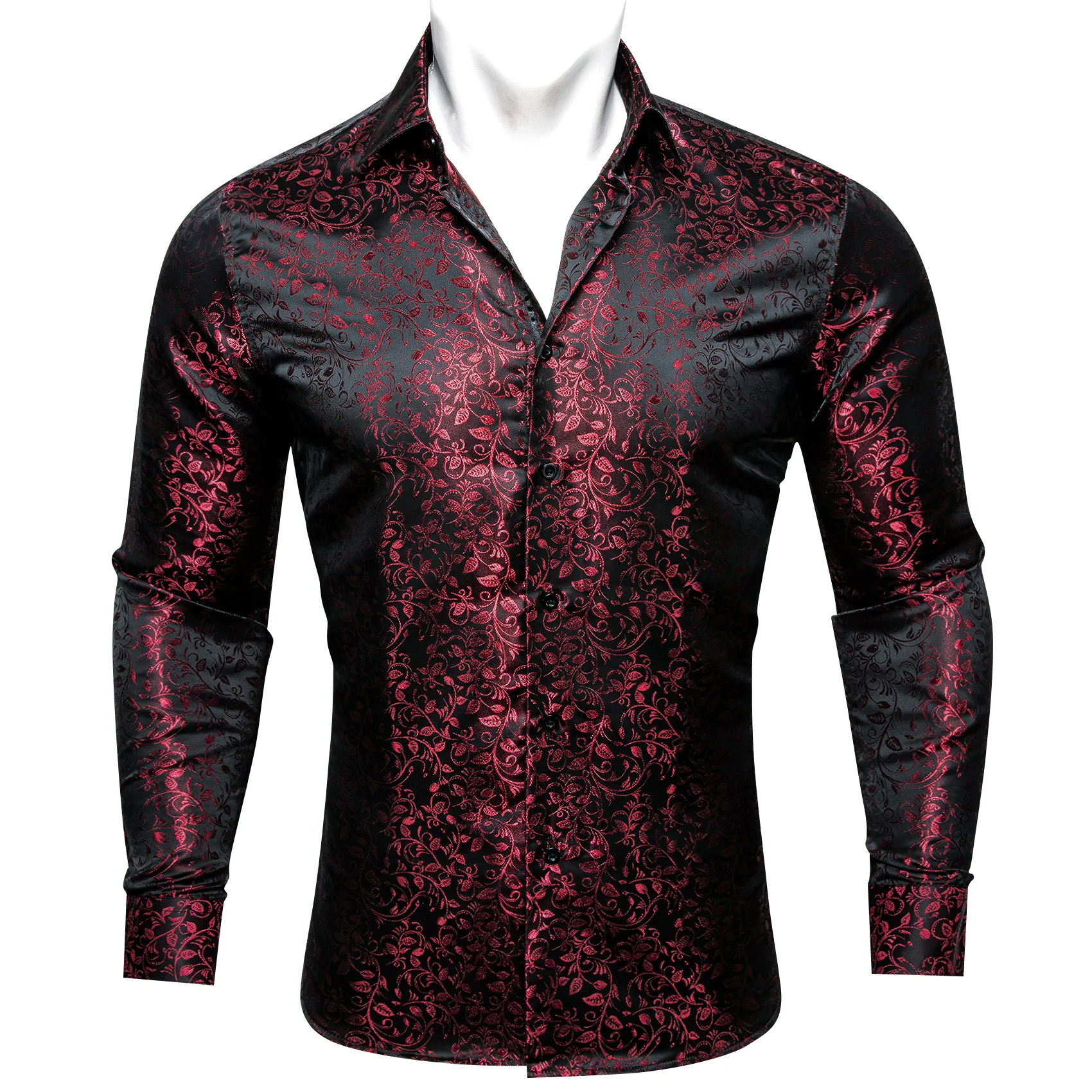 Dark Purple Floral Pattern Silk Men's Long Sleeve Shirt