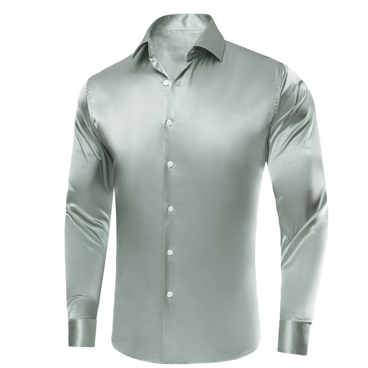 Grey Solid Satin Silk Men's Long Sleeve Business Shirt