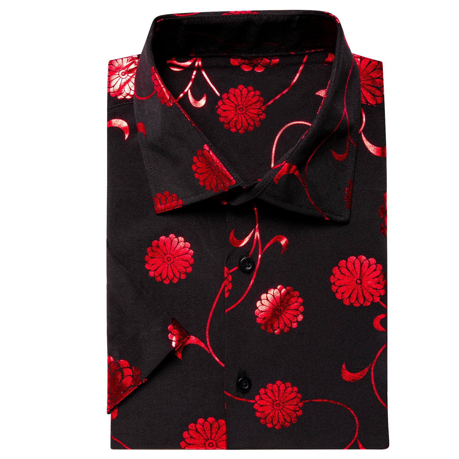 New Black Shirt with Red Chrysanthemum Floral Silk Men's Short Sleeve Shirt