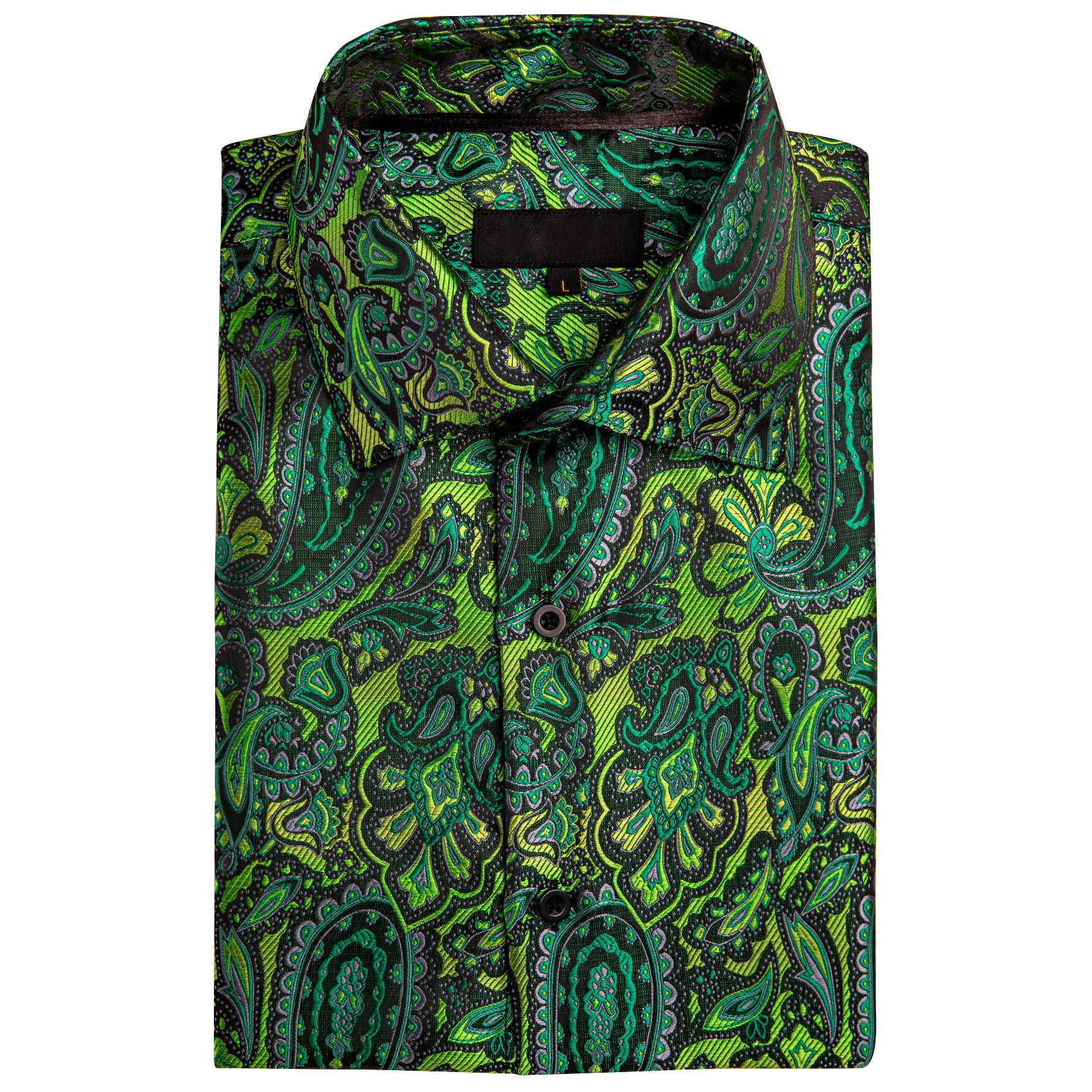 Green Paisley Floral Silk Men's Long Sleeve Shirt