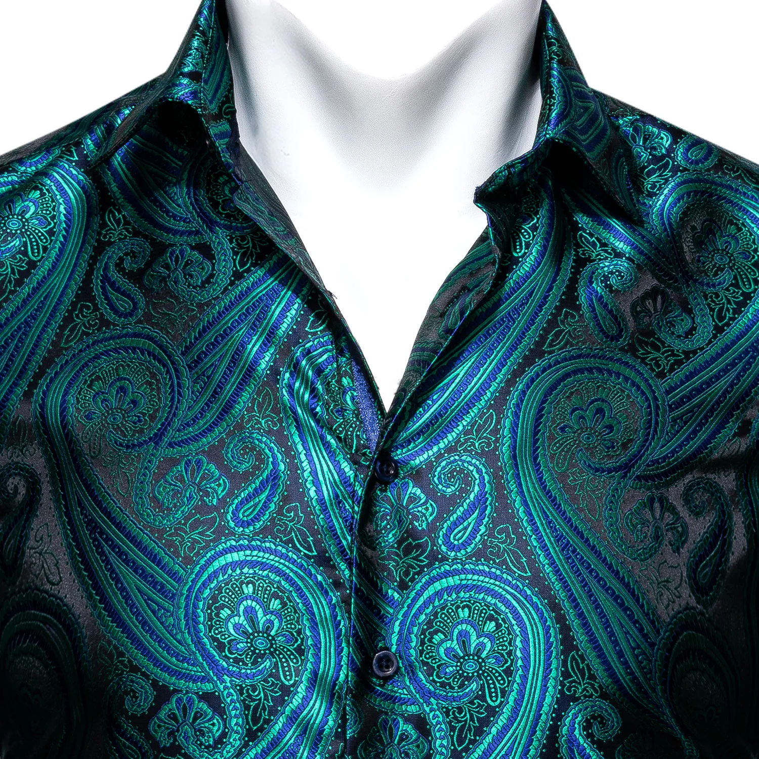 New Green Black Paisley Style Silk Men's Long Sleeve Shirt