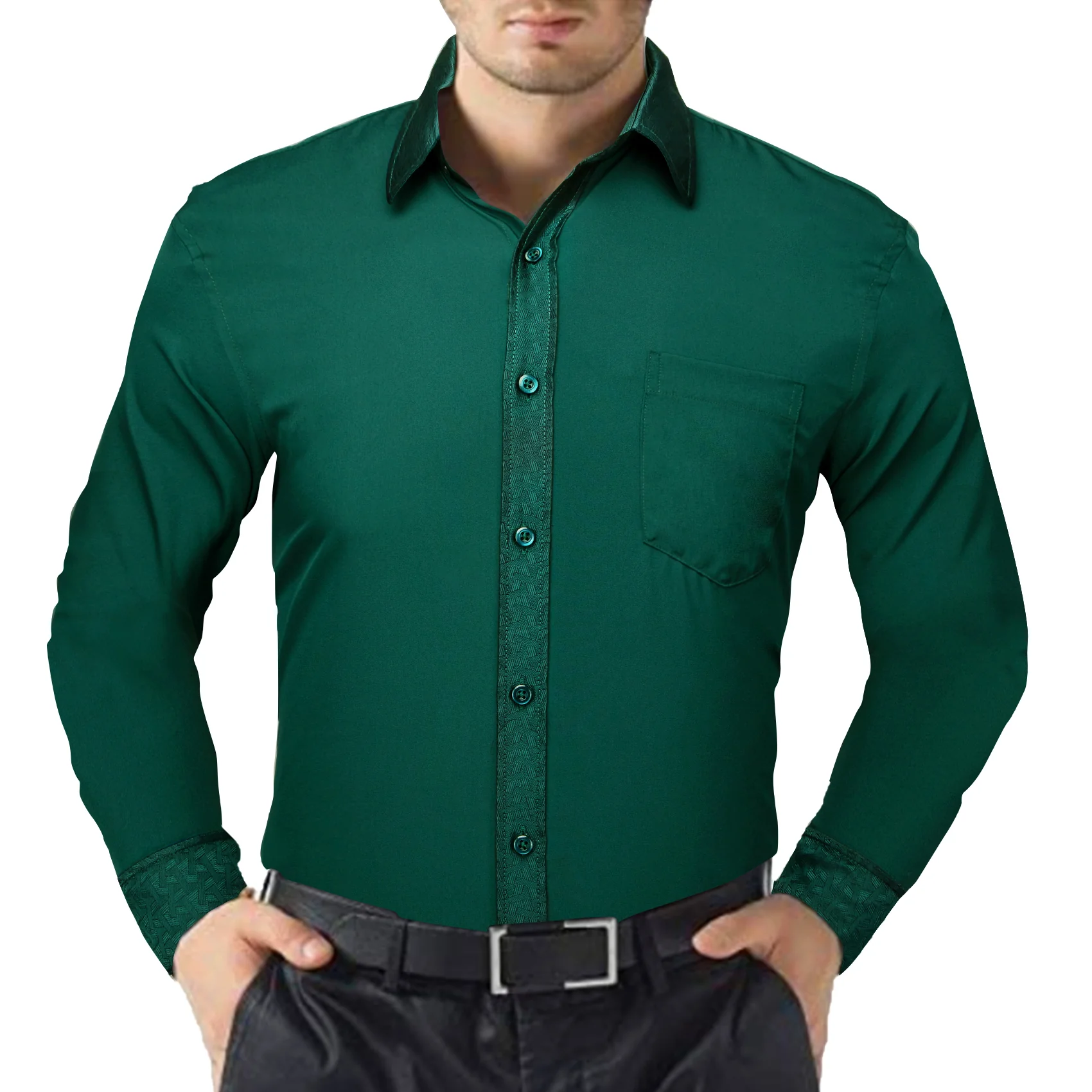 Splicing Style Dark Green with Green Geometric Edge Men's Long Sleeve Shirt