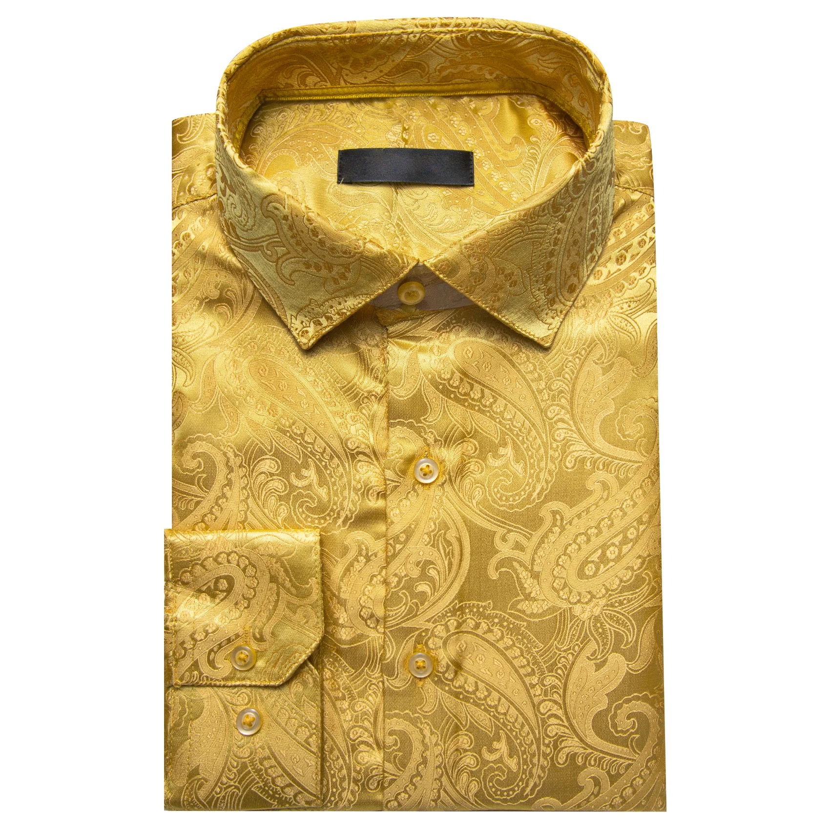 Yellow Gold Paisley Flower Pattern Silk Men's Long Sleeve Shirt