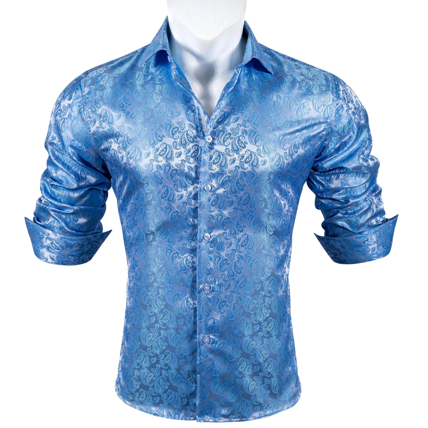 Baby Blue Paisley Style Silk Men's Long Sleeve Shirt