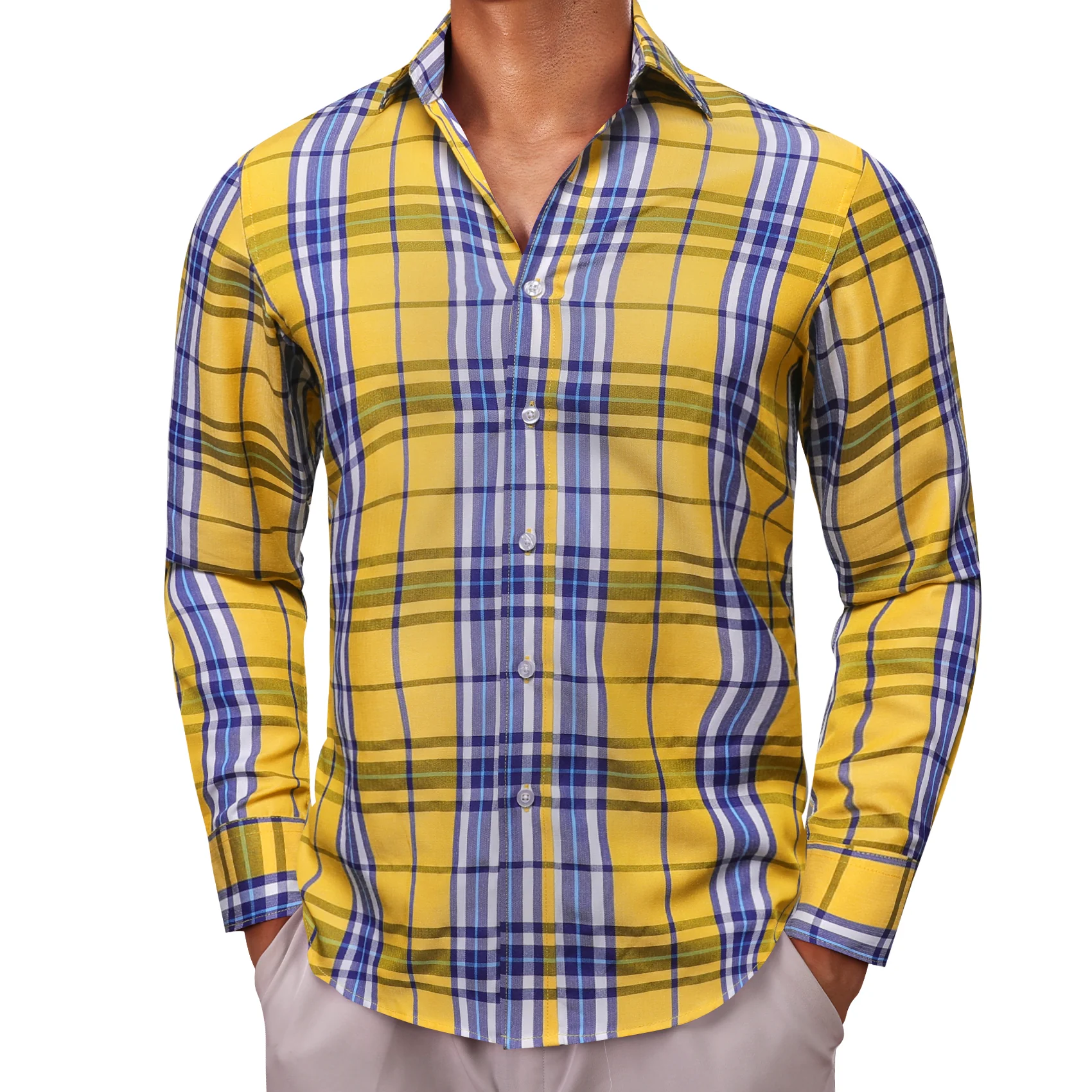 Yellow Blue Plaid Men's Long Sleeve Work Shirt