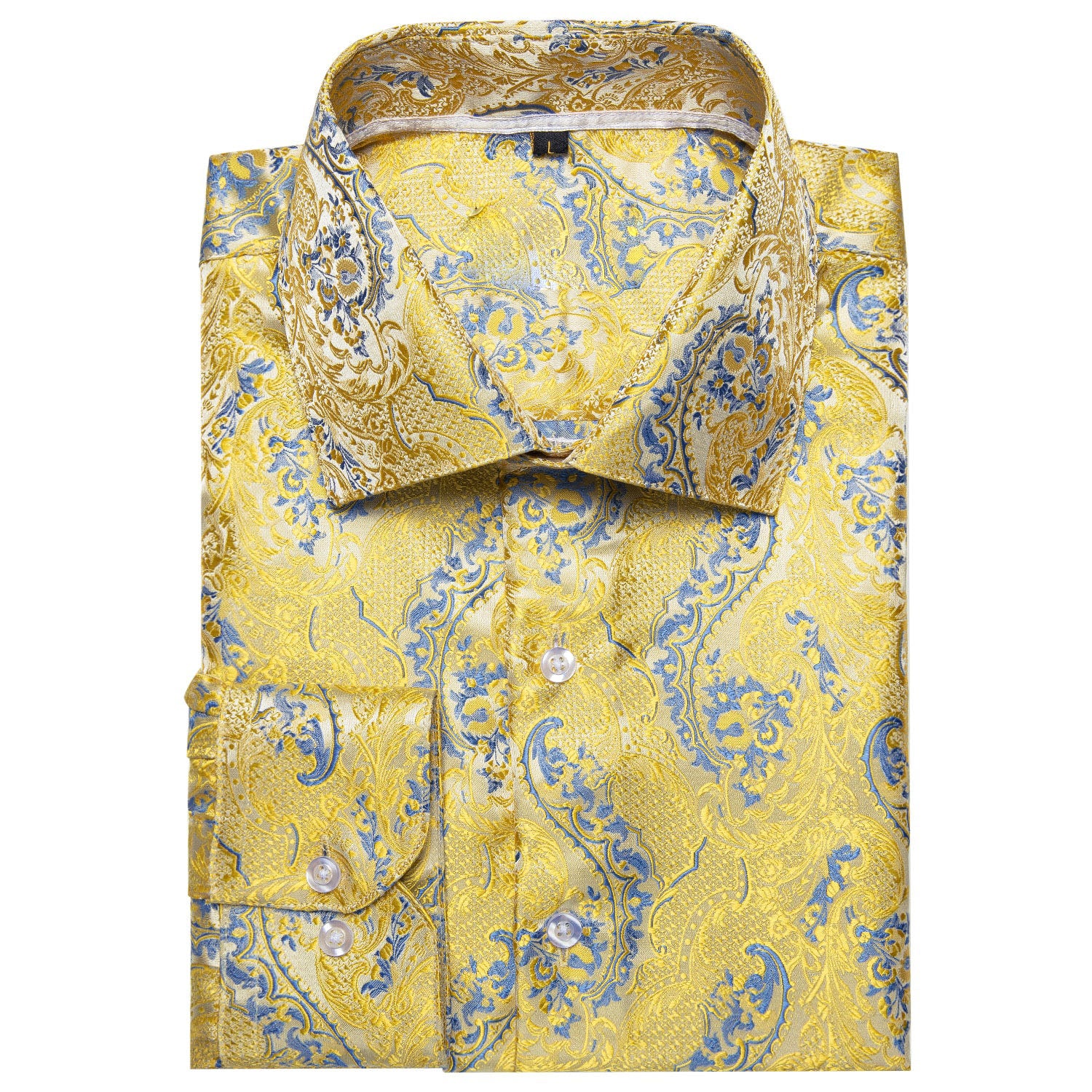 Yellow Light Blue Floral Pattern Silk Men's Long Sleeve Shirt