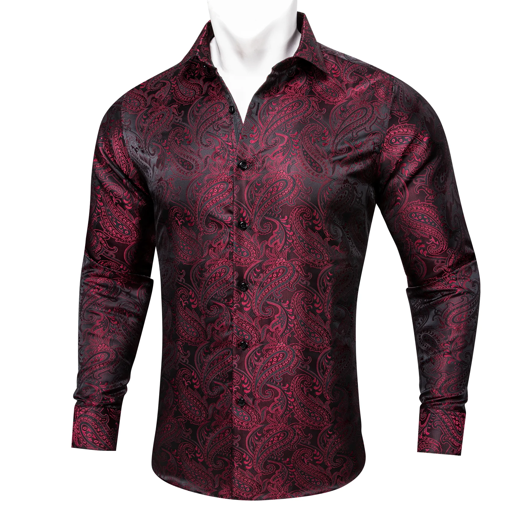 Dark Red Black Paisley Silk Men's Long Sleeve Shirt