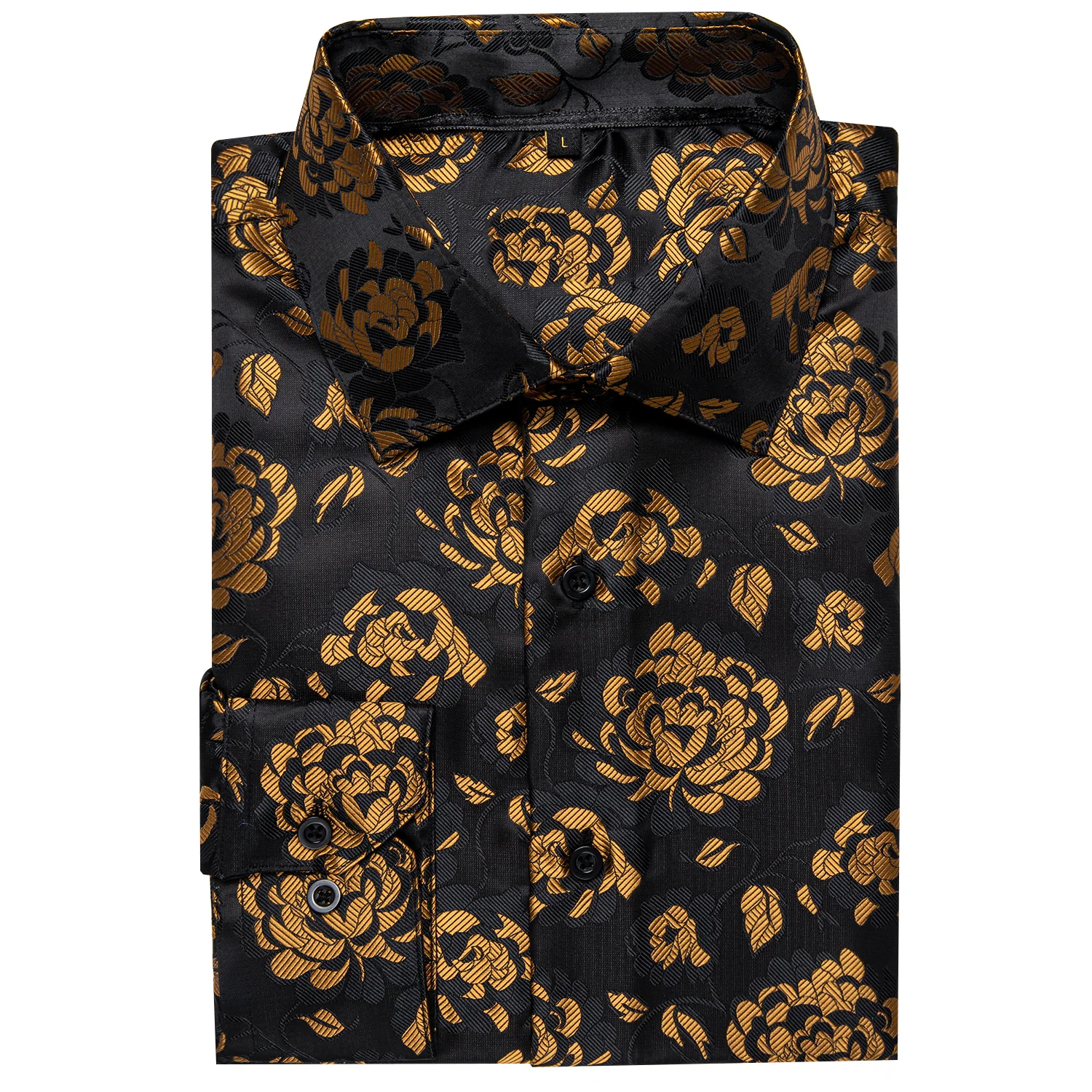 Black Golden Peony Floral Silk Men's Long Sleeve Shirt