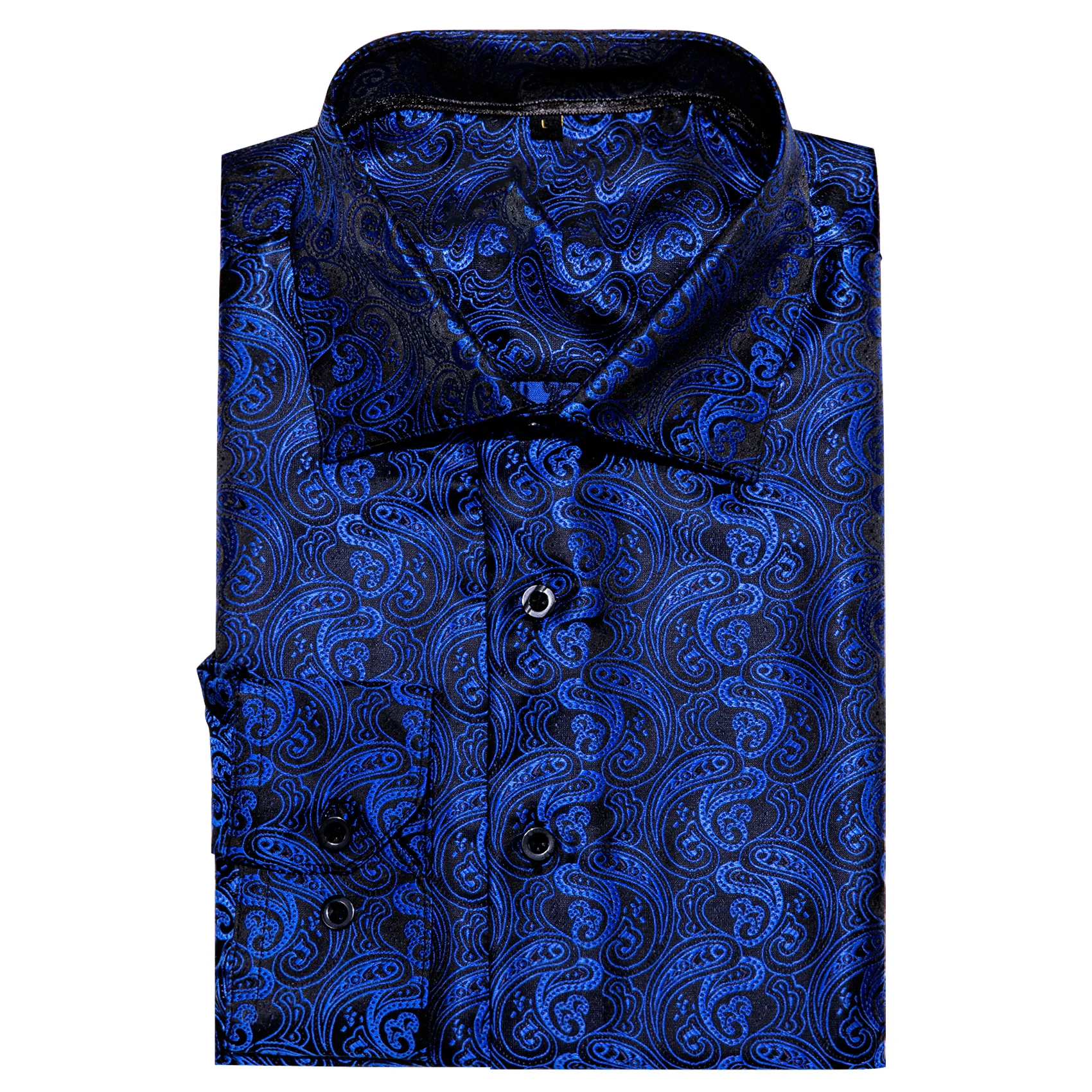 Black Blue Paisley Style Silk Men's Long Sleeve Shirt