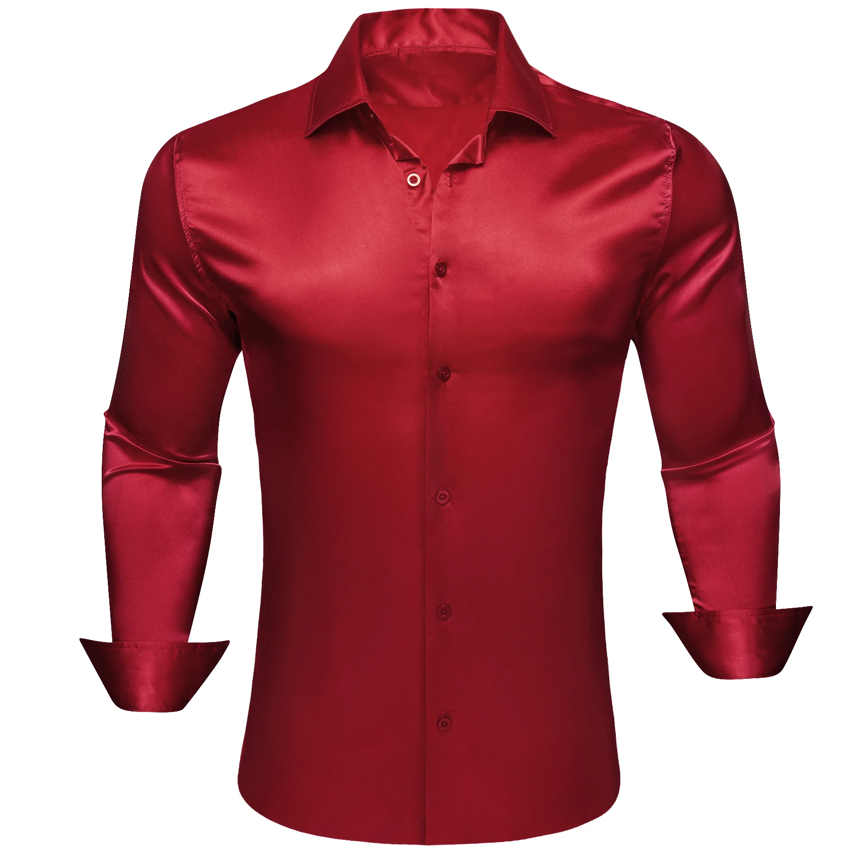 New Dark Red Solid Satin Silk Men's Long Sleeve Shirt