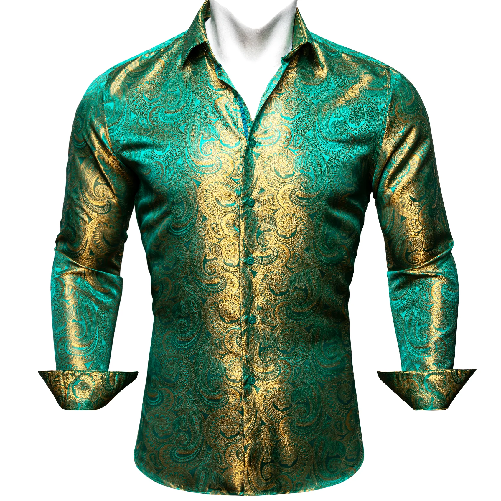 Luxury Green Golden Gradient Paisley Pattern Silk Men's Long Sleeve Shirt