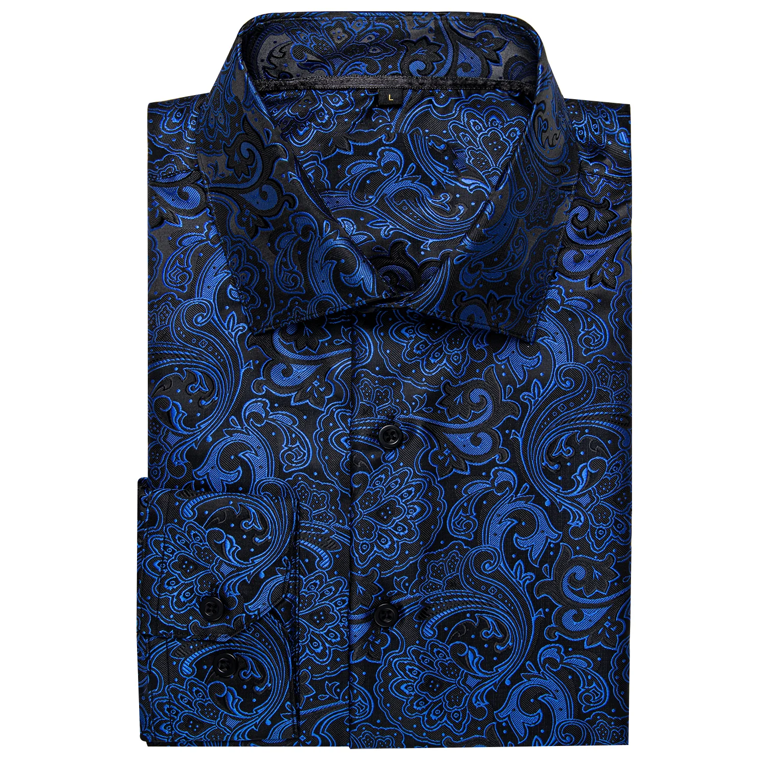 Black Blue Floral Silk Men's Long Sleeve Shirt