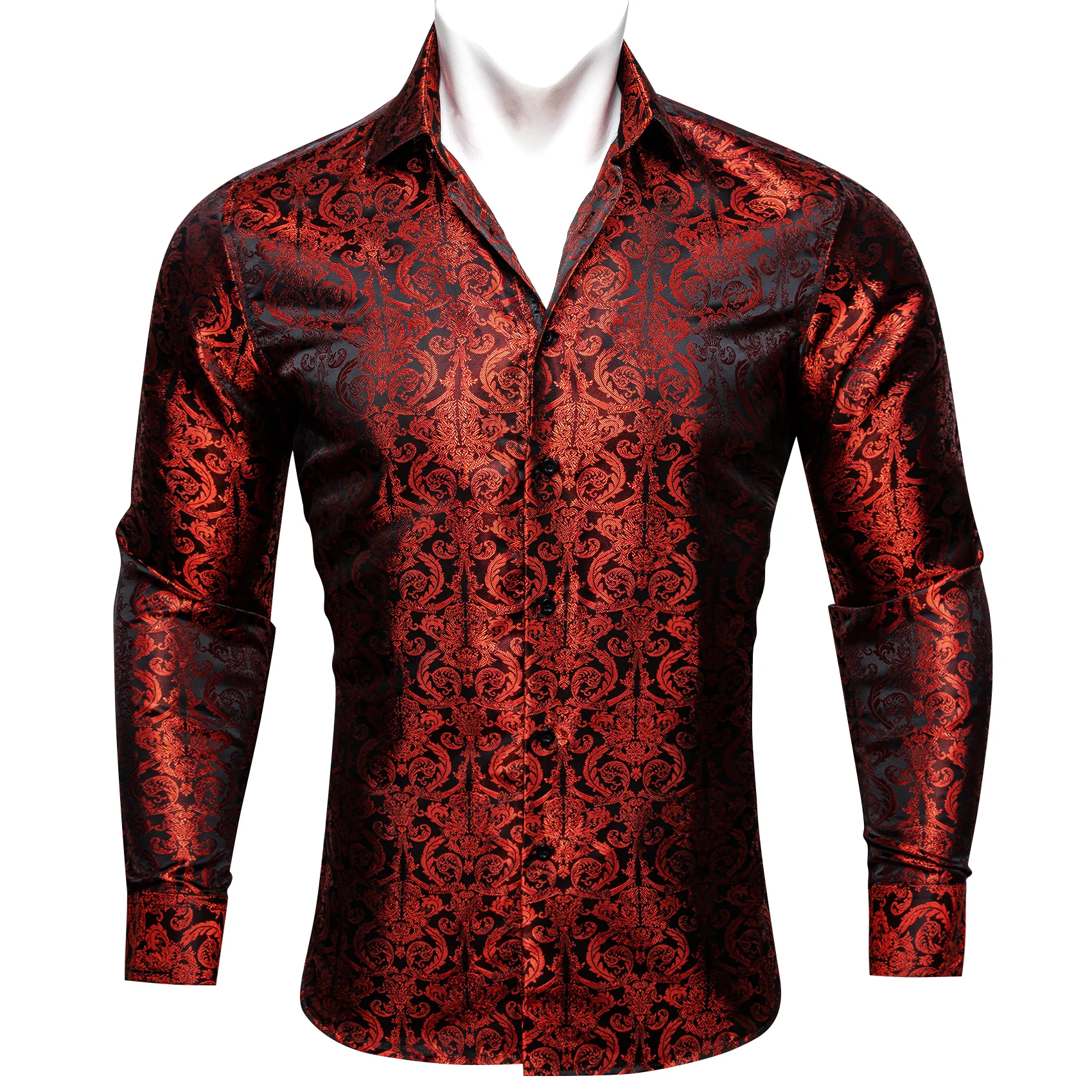Red Black Paisley Pattern Silk Men's Long Sleeve Shirt