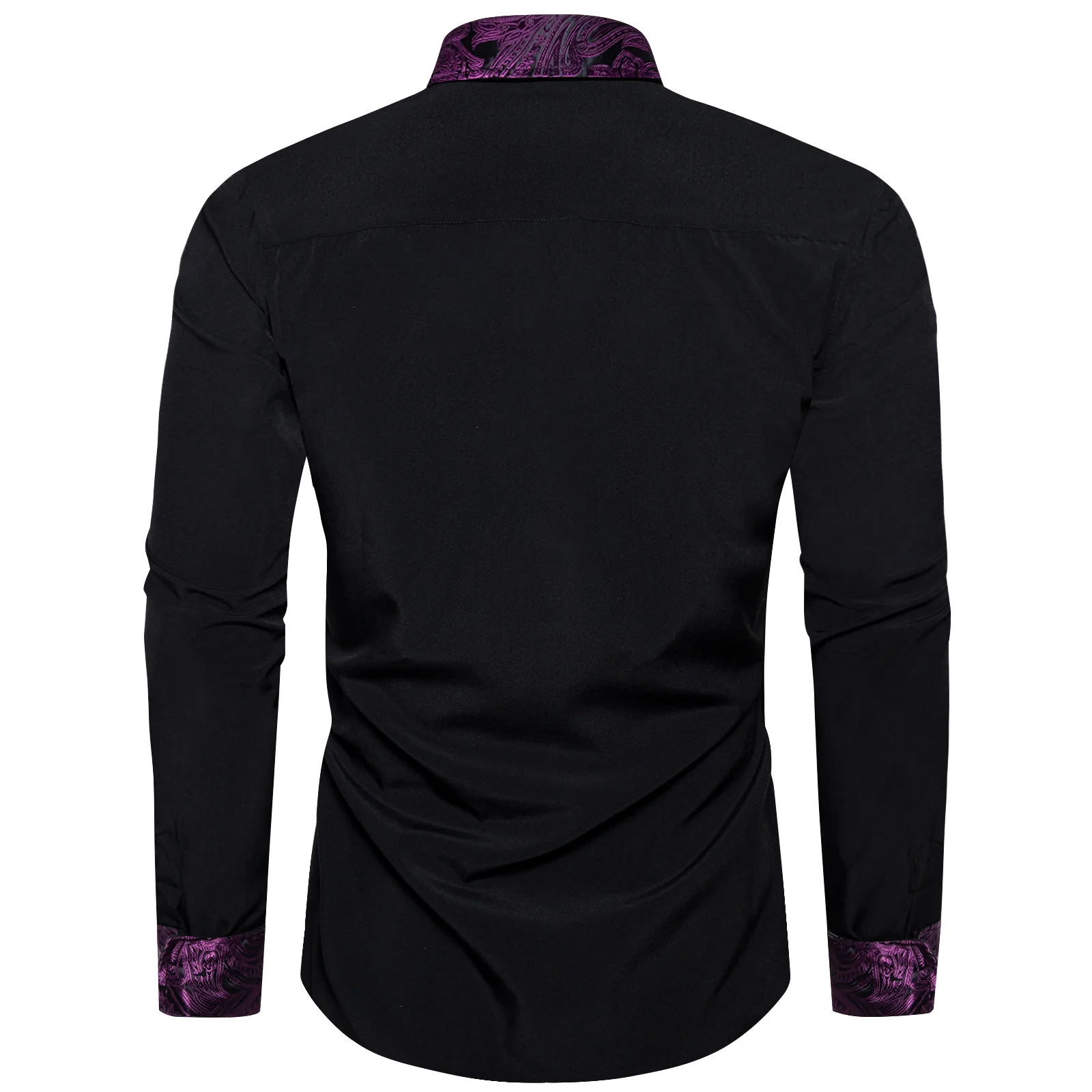 Splicing Style Black with Purple Paisley Edge Men's Solid Long Sleeve Shirt