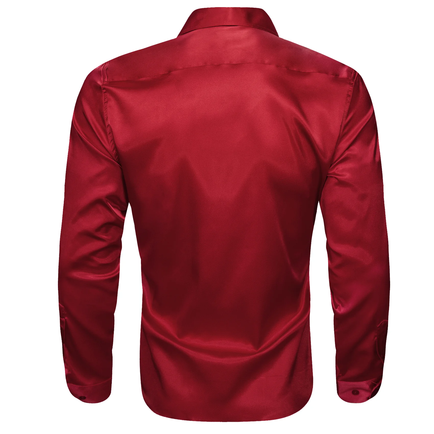 New Dark Red Solid Satin Silk Men's Long Sleeve Shirt