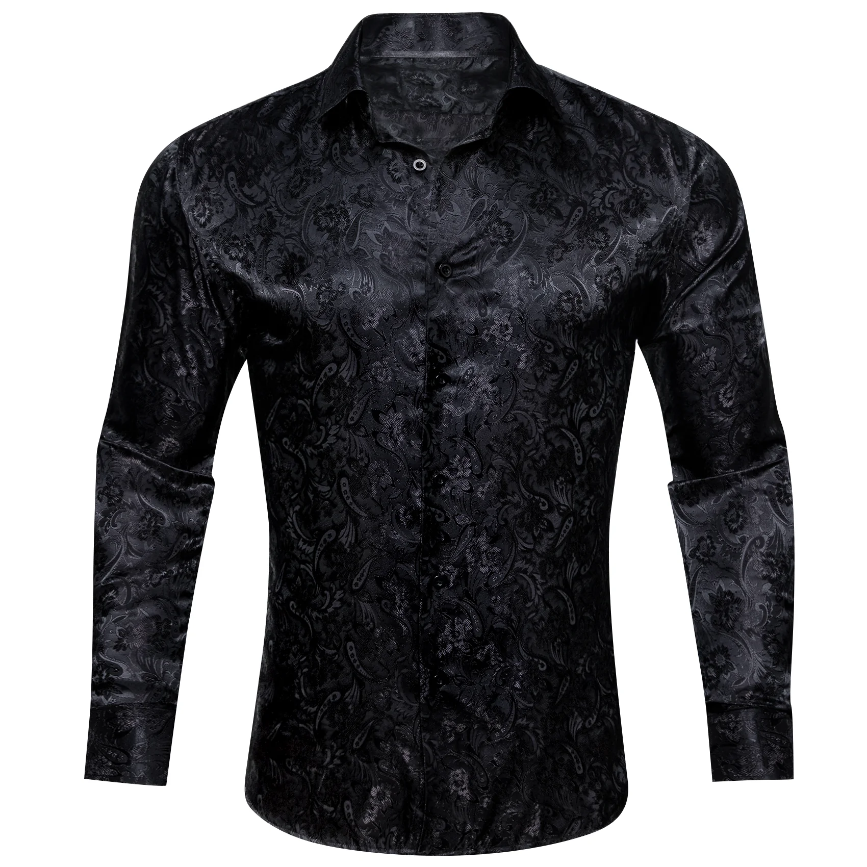Black Floral Silk Men Long Sleeve Shirt