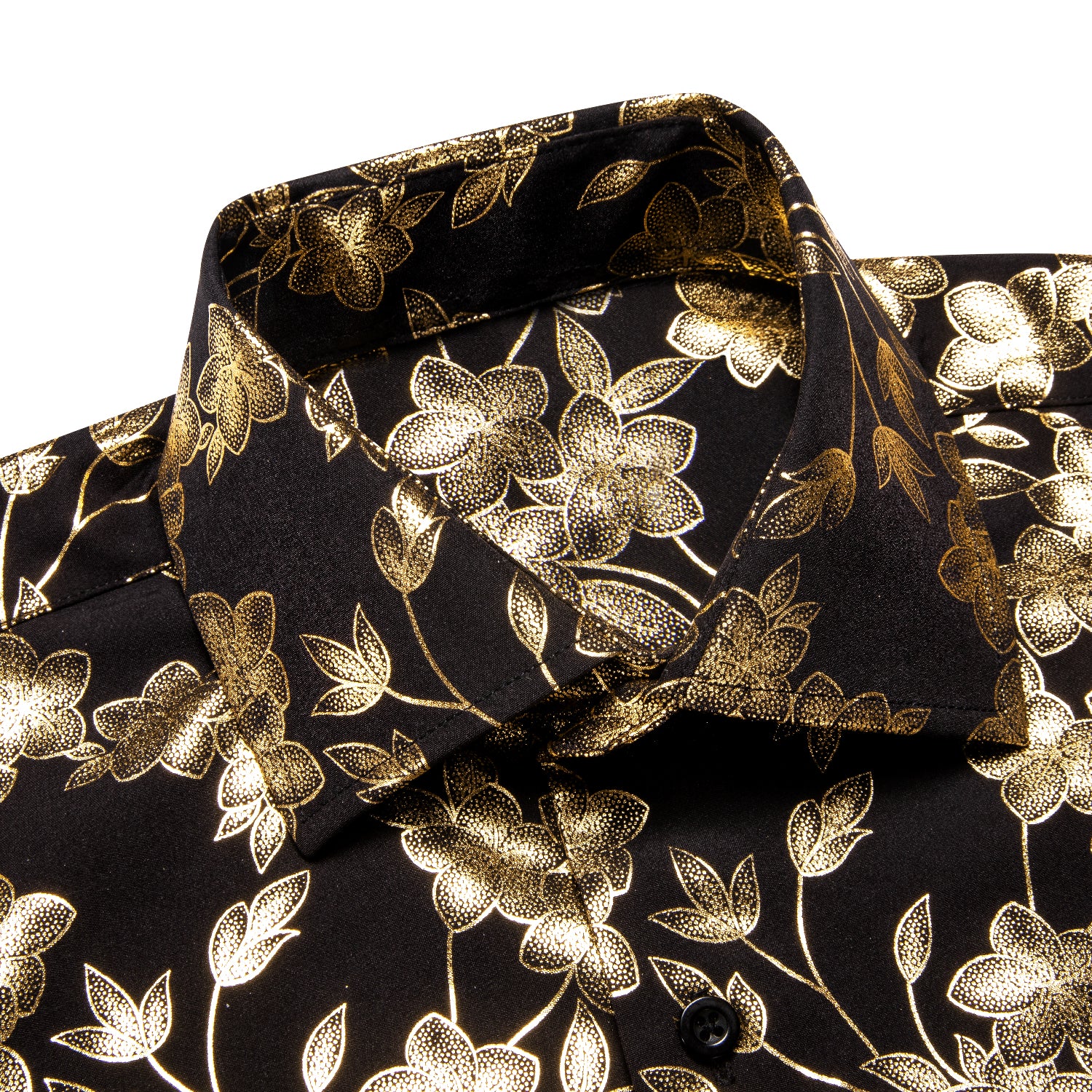 Black Golden Cherry Blossoms Floral Pattern Silk Men's Long Sleeve Shirt
