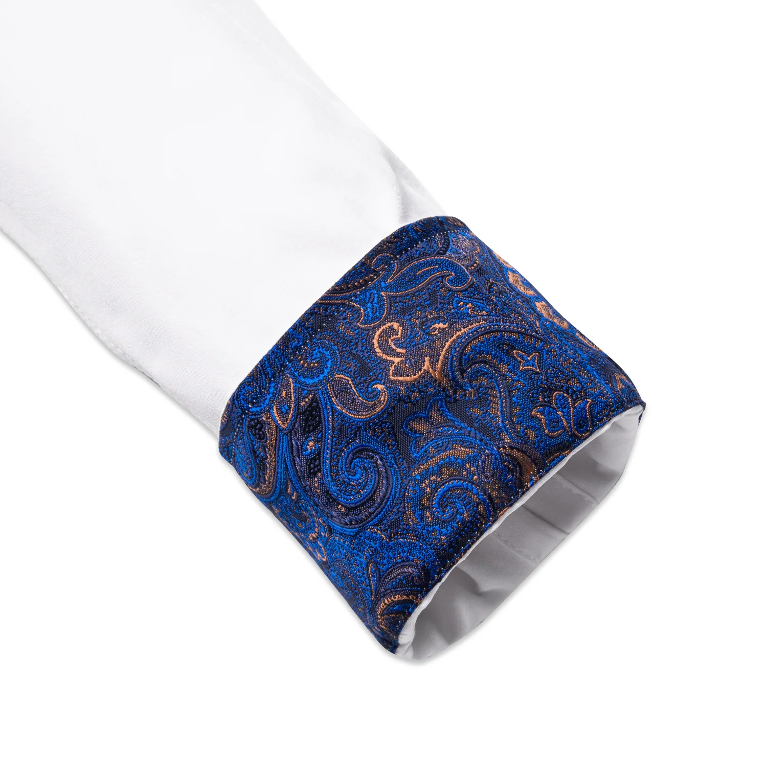 Splicing Style Pure White with Blue Paisley Edge Men's Solid Long Sleeve Shirt