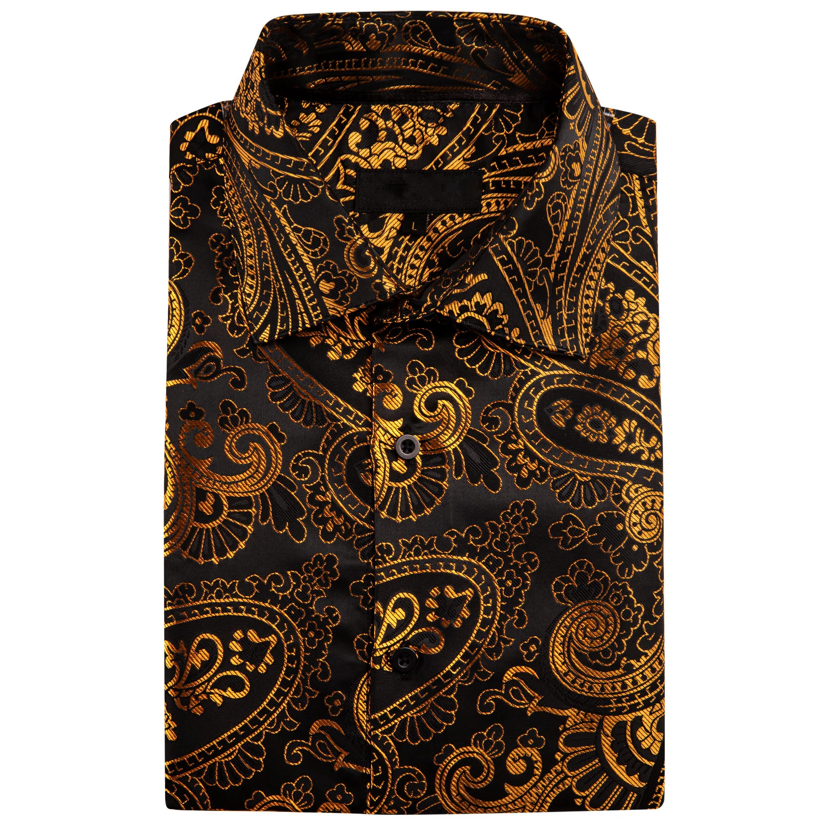 Golden Black Paisley Floral Silk Men's Long Sleeve Shirt