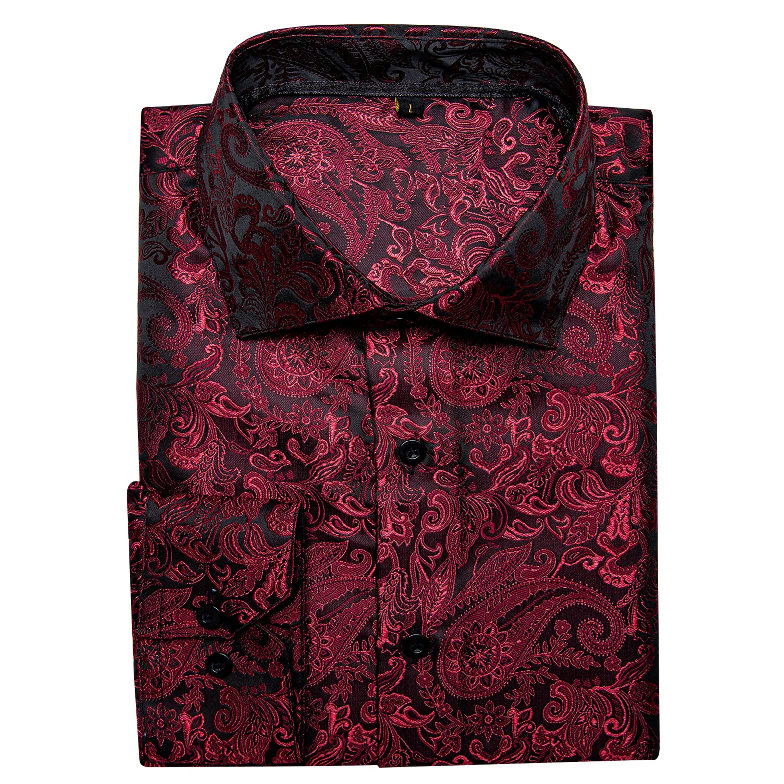 Dark Red Paisley Pattern Silk Men's Long Sleeve Shirt