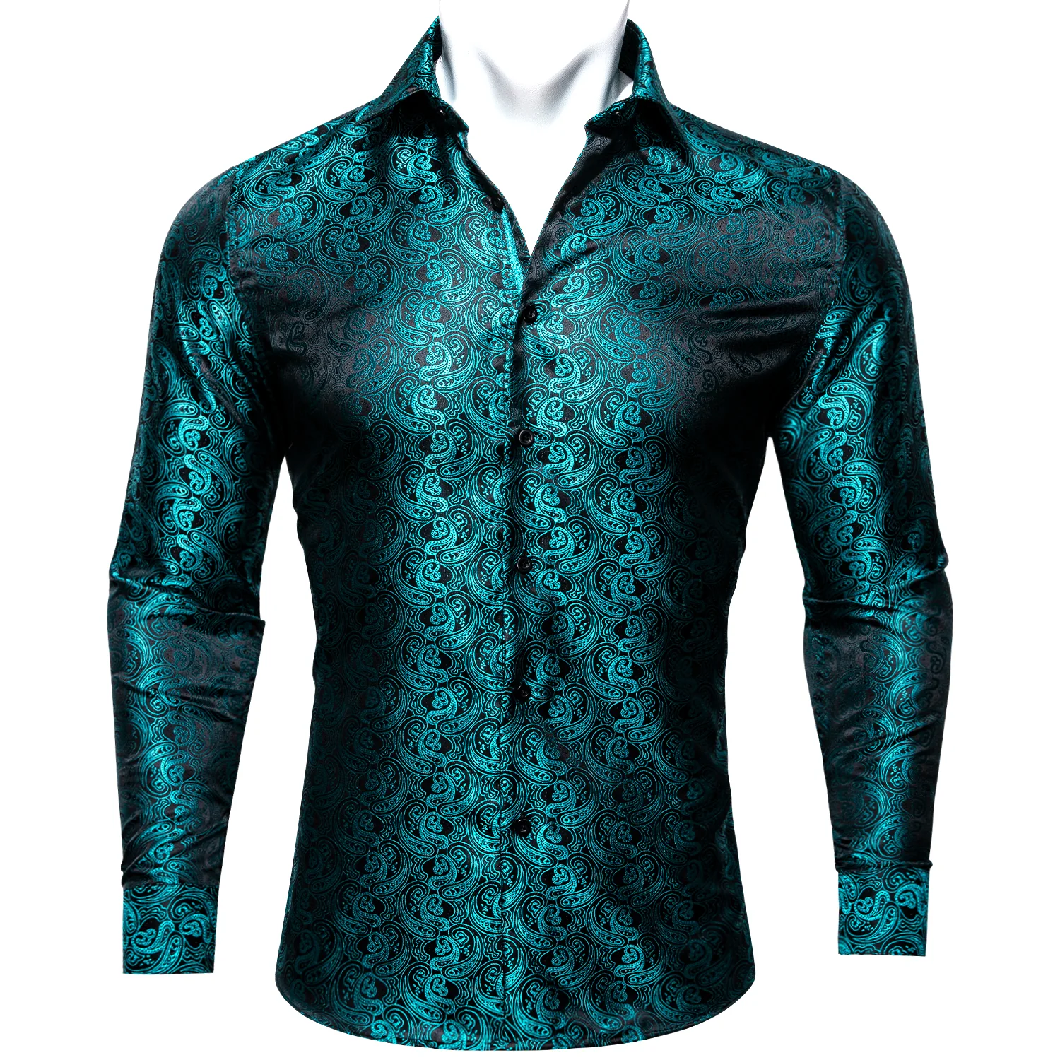 New Black Lake Blue Paisley Pattern Silk Men's Long Sleeve Shirt