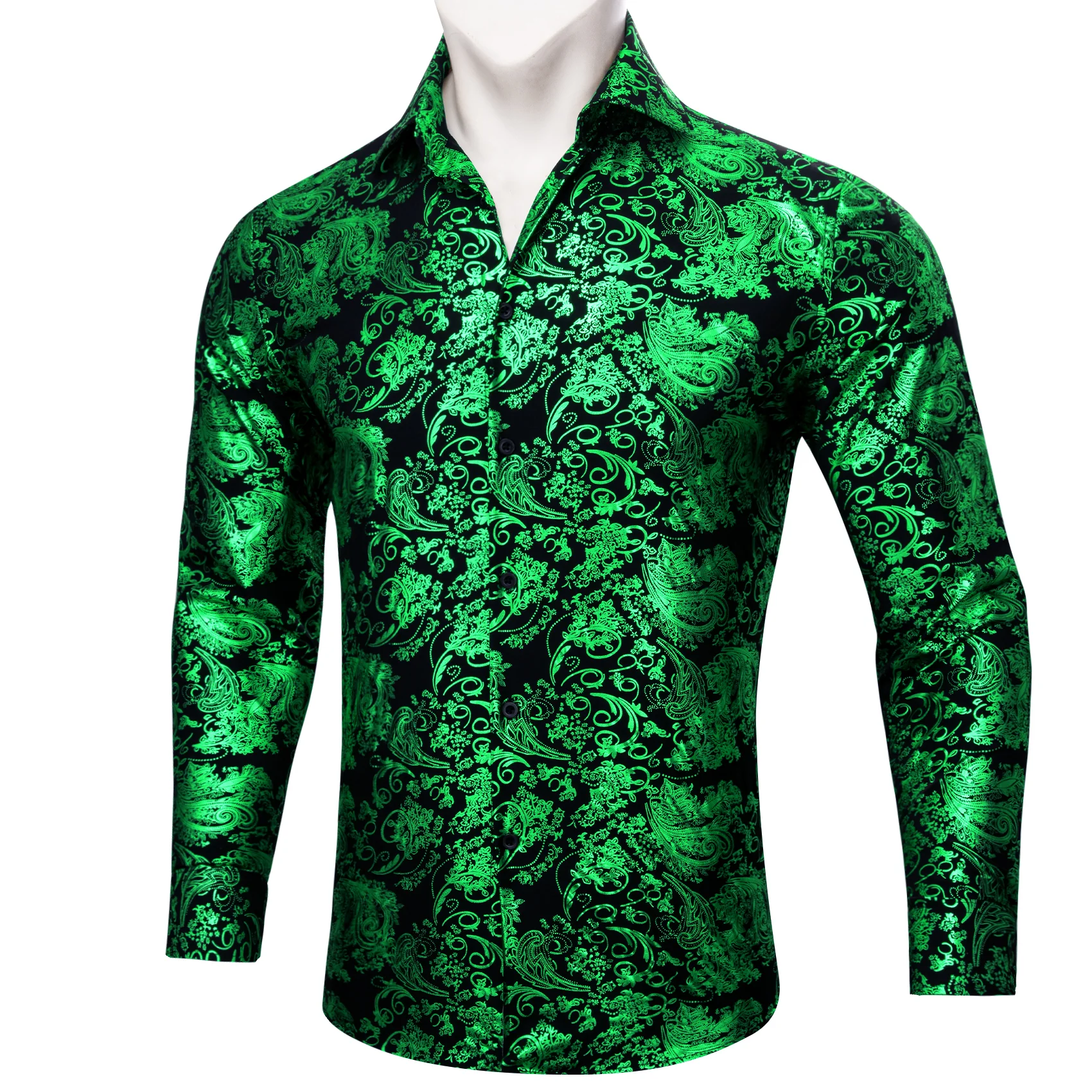 Emerald Green Floral Paisley Silk Men's Long Sleeve Shirt