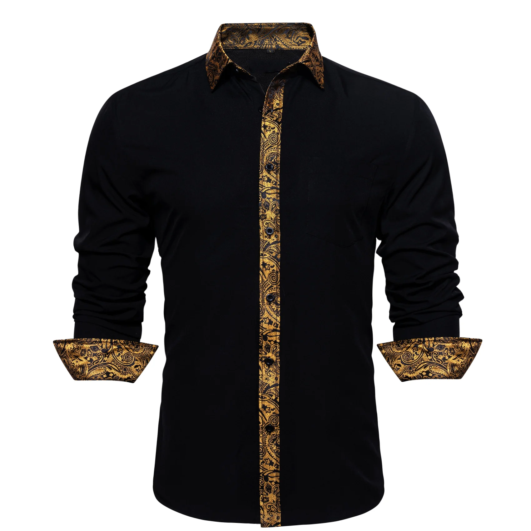 Splicing Style Black with Golden Paisley Edge Men's Long Sleeve Shirt