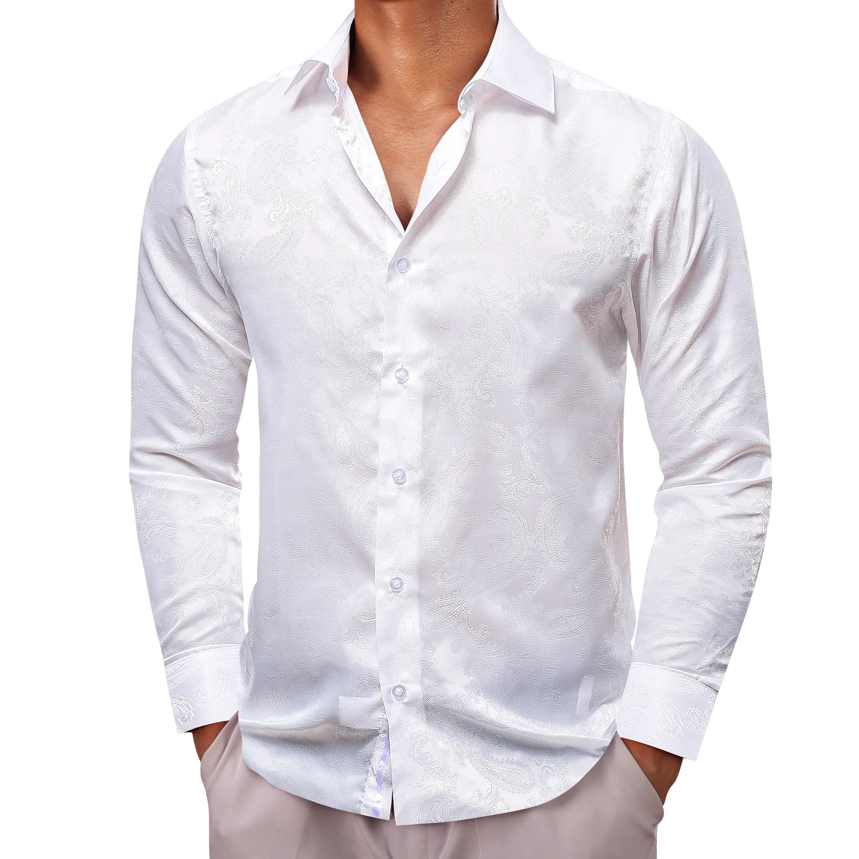 White Paisley Style Casual Silk Men's Long Sleeve Button Shirt