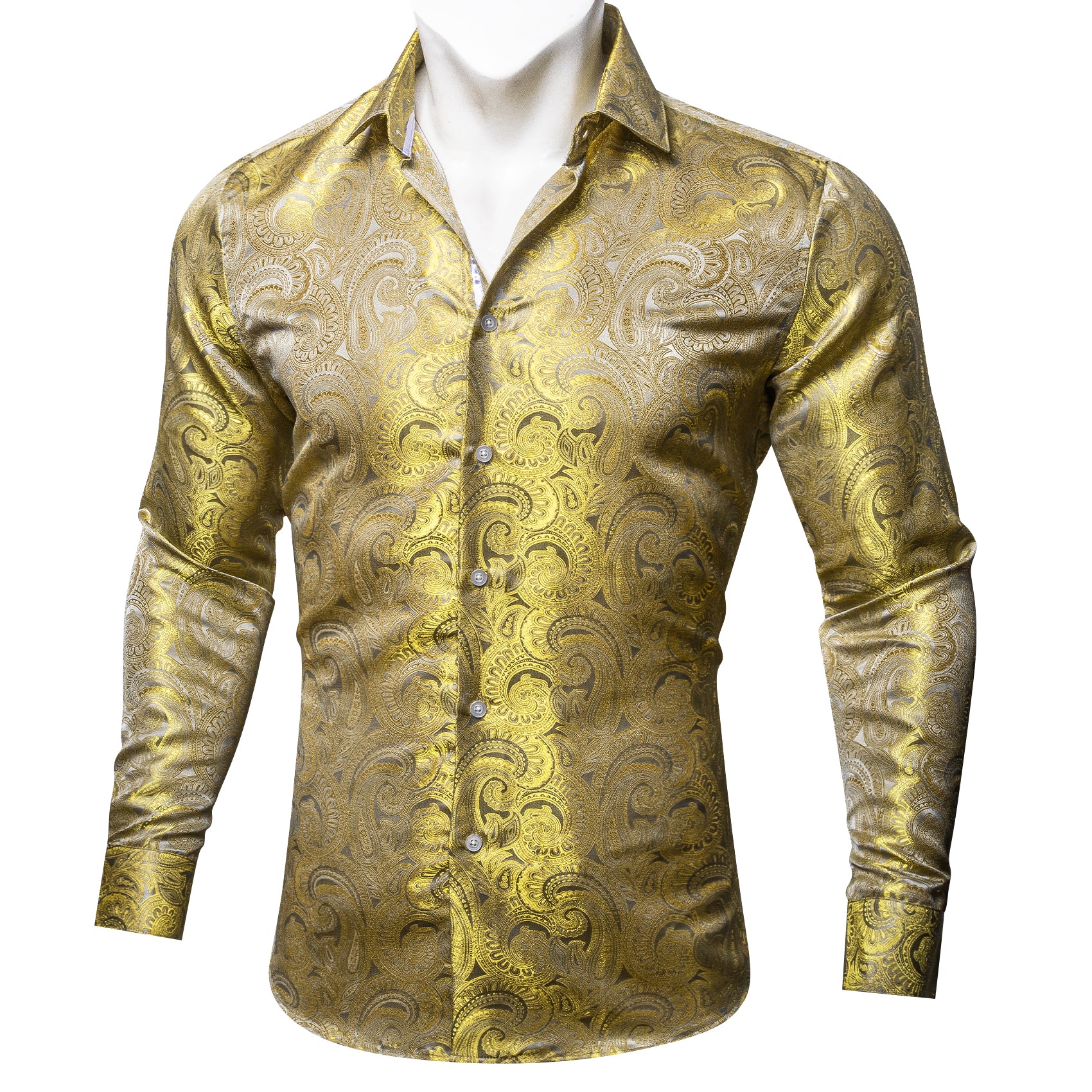 Yellow Paisley Pattern Silk Men's Long Sleeve Shirt