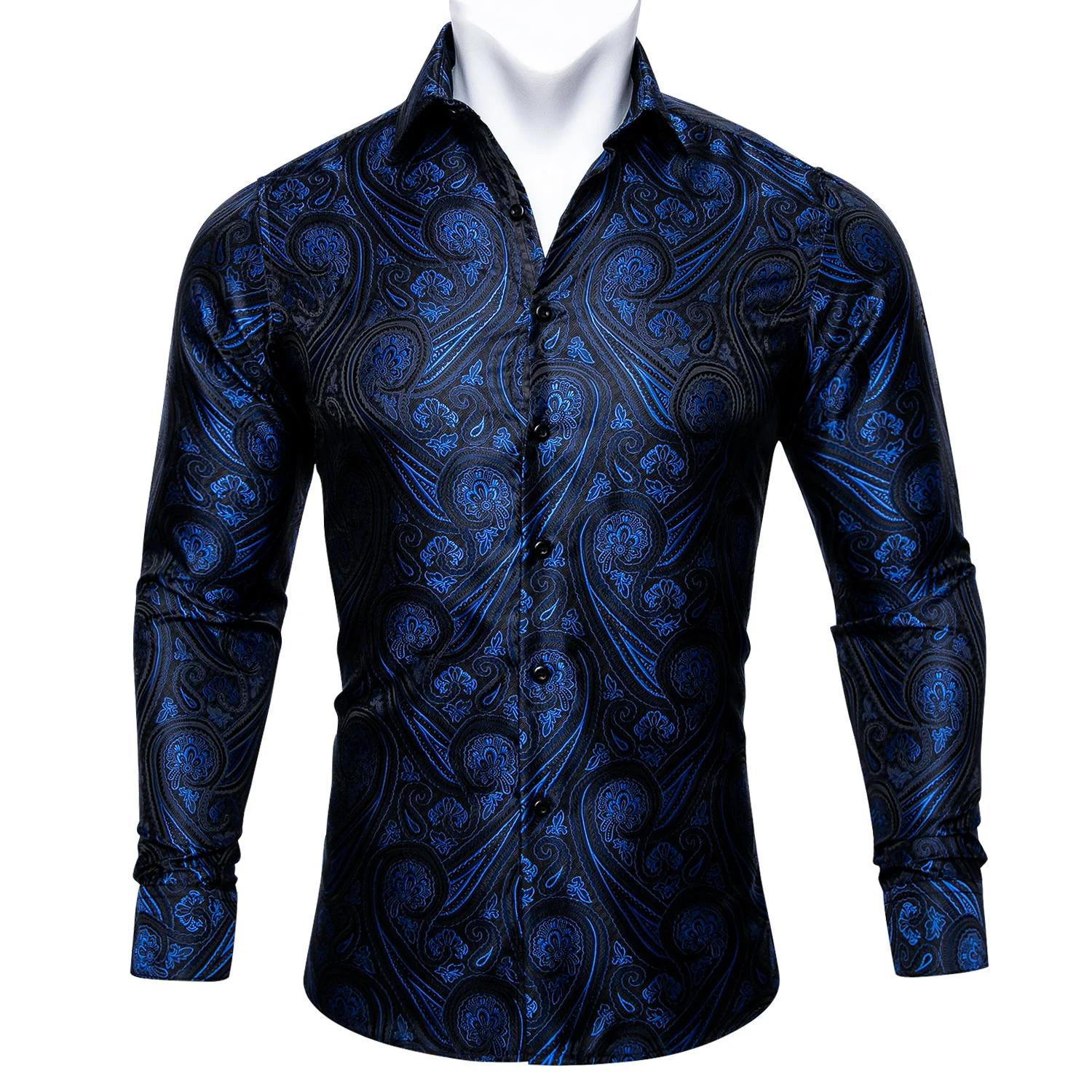 New Dark Blue Paisley Silk Men's Long Sleeve Shirt