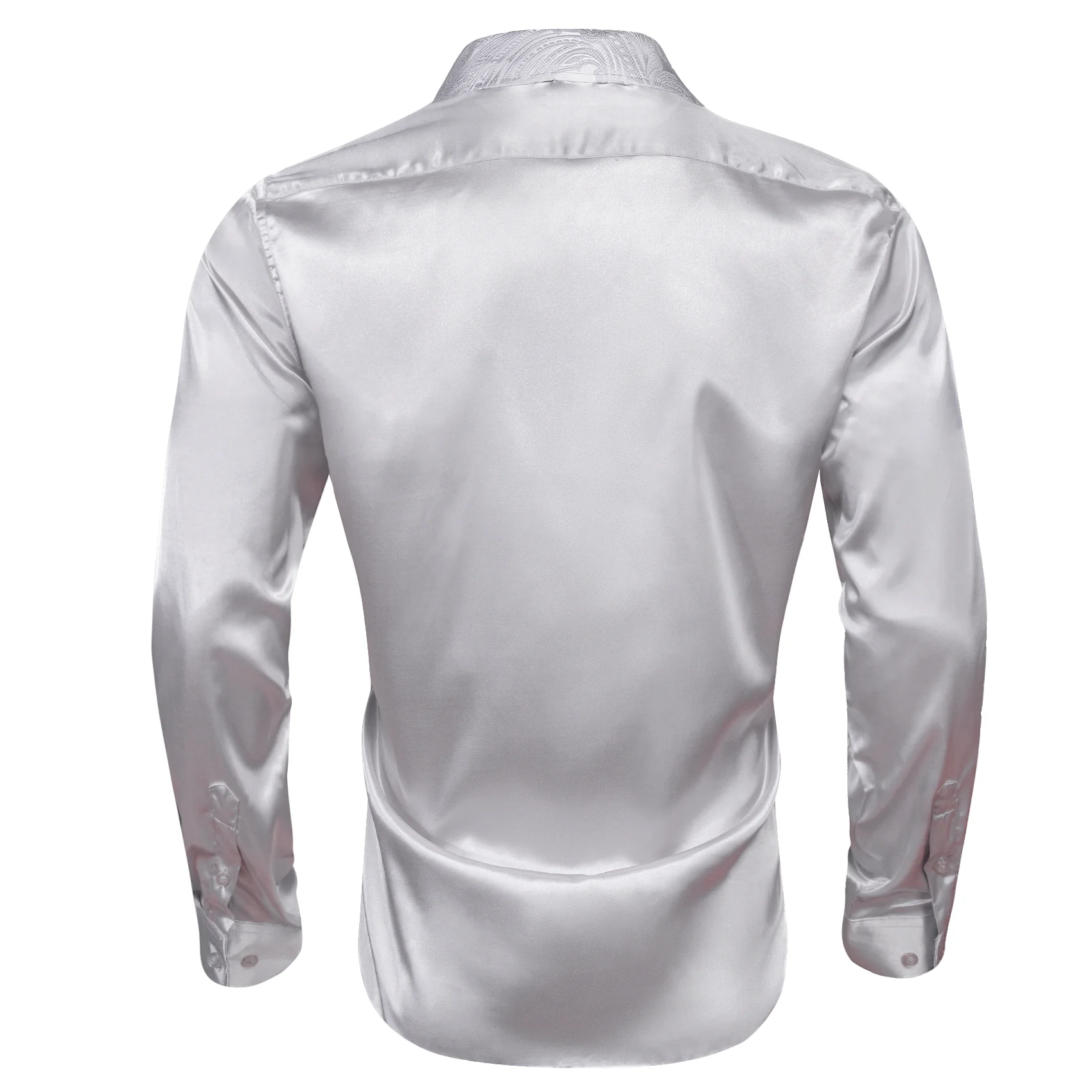 Splicing Style Sliver Grey Solid with White Paisley Edge Men's Long Sleeve Shirt