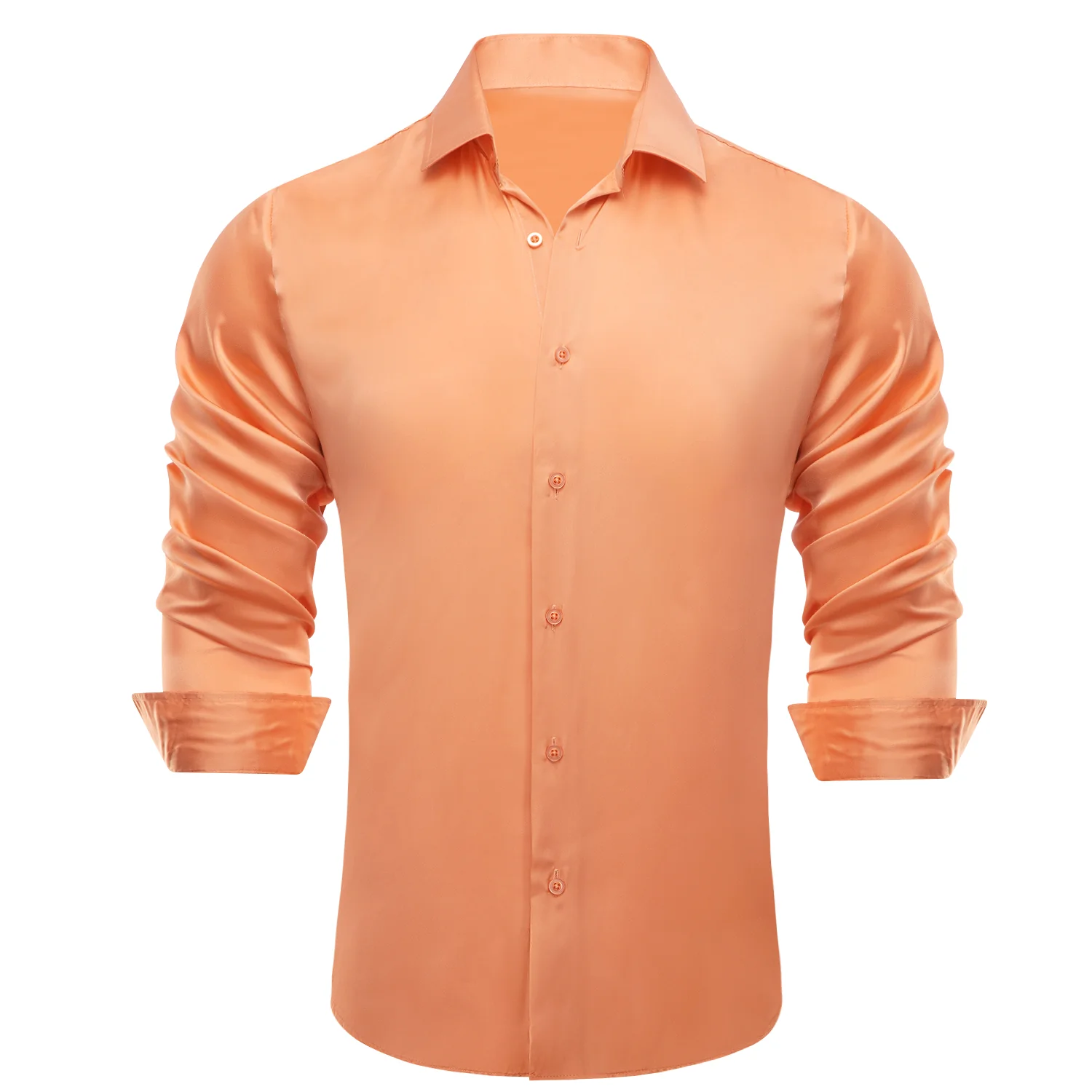 Honey Orange Solid Satin Chiffon Non-stretch Men's Long Sleeve Shirt