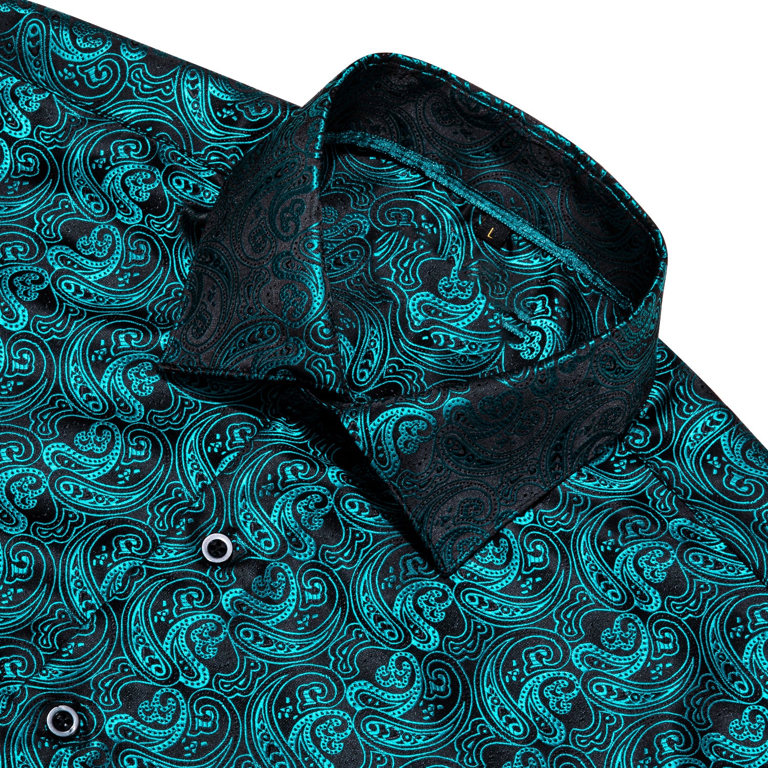 New Black Lake Blue Paisley Pattern Silk Men's Long Sleeve Shirt