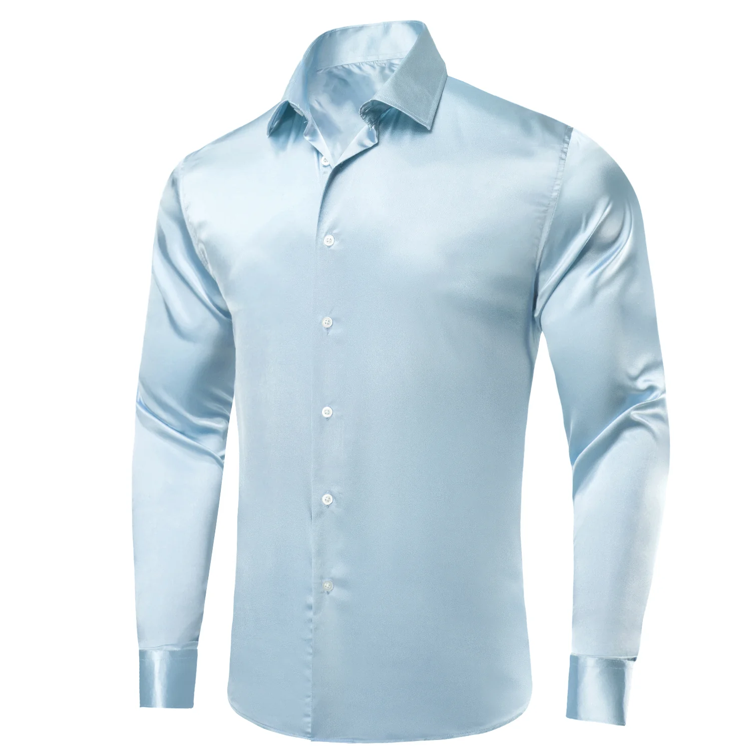 Baby Blue Solid Satin Men's Long Sleeve Shirt