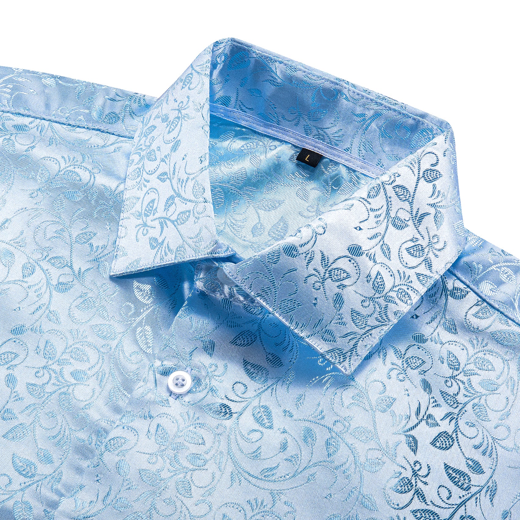 Baby Blue Floral Pattern Silk Men's Long Sleeve Shirt