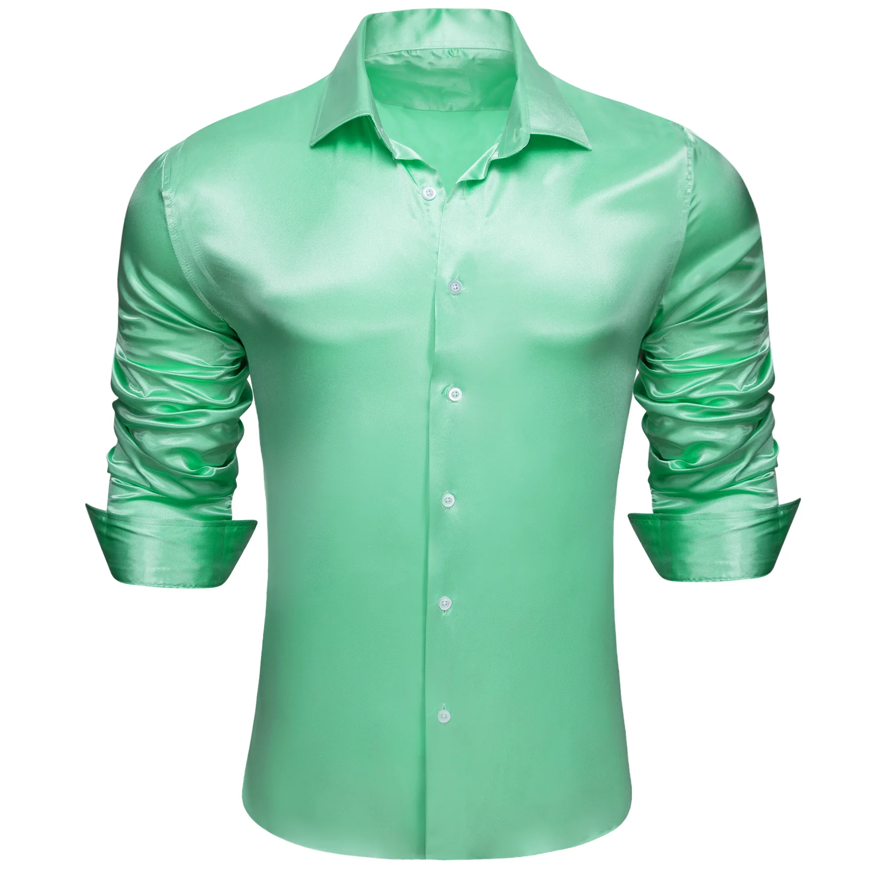 New Mint Green Solid Satin Silk Men's Long Sleeve Shirt