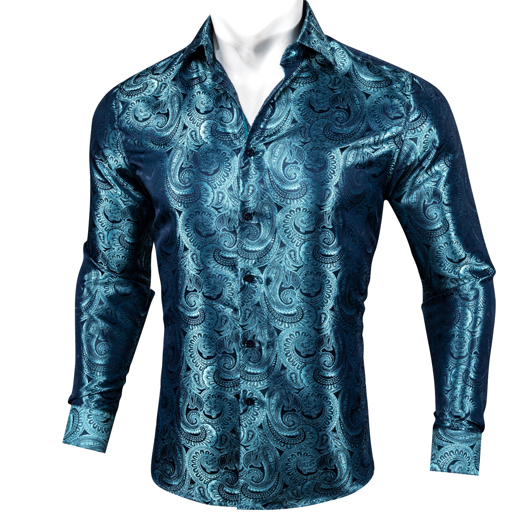 New Luxury Sky Blue Paisley Pattern Silk Men's Long Sleeve Shirt