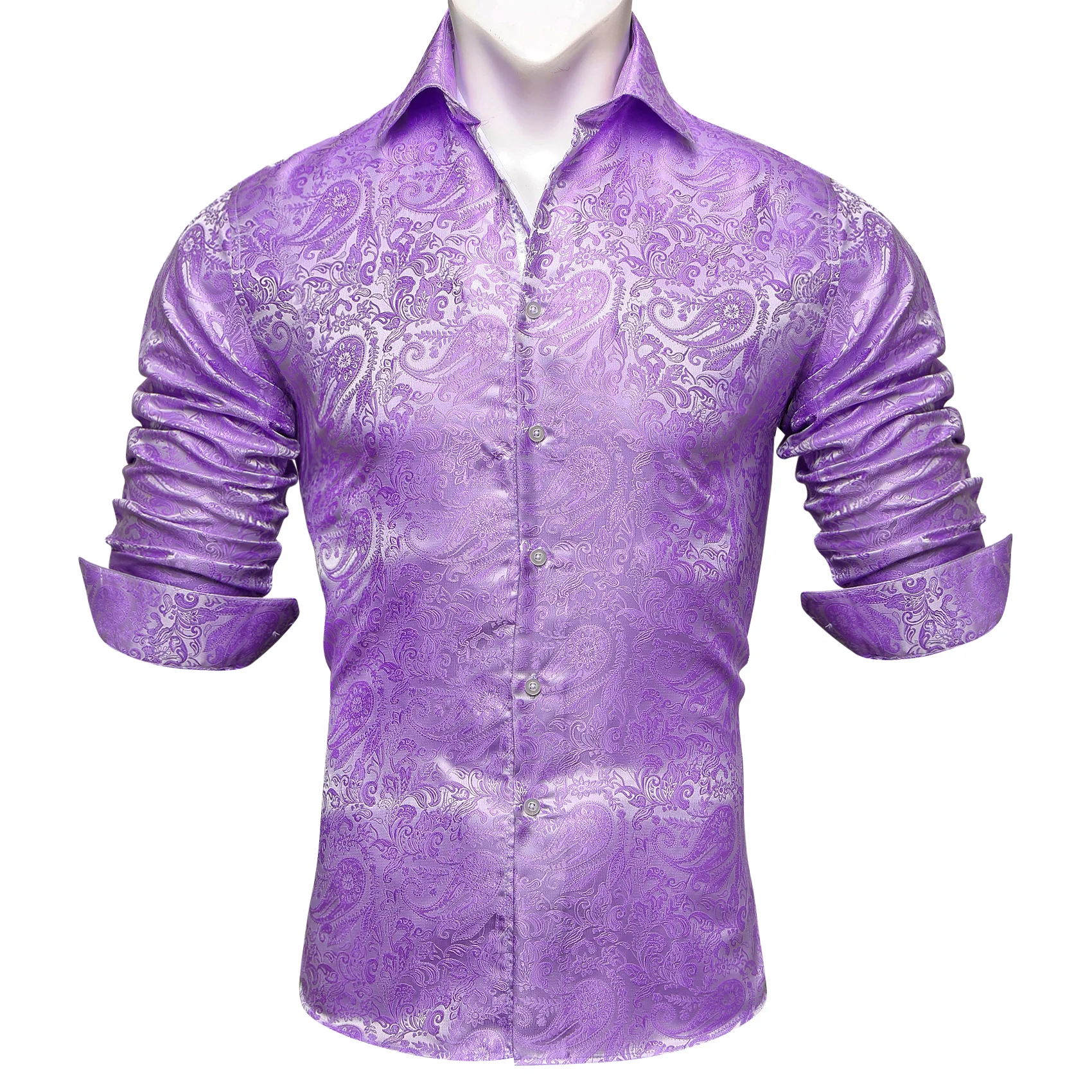 Light Purple Paisley Style Silk Men's Long Sleeve Shirt