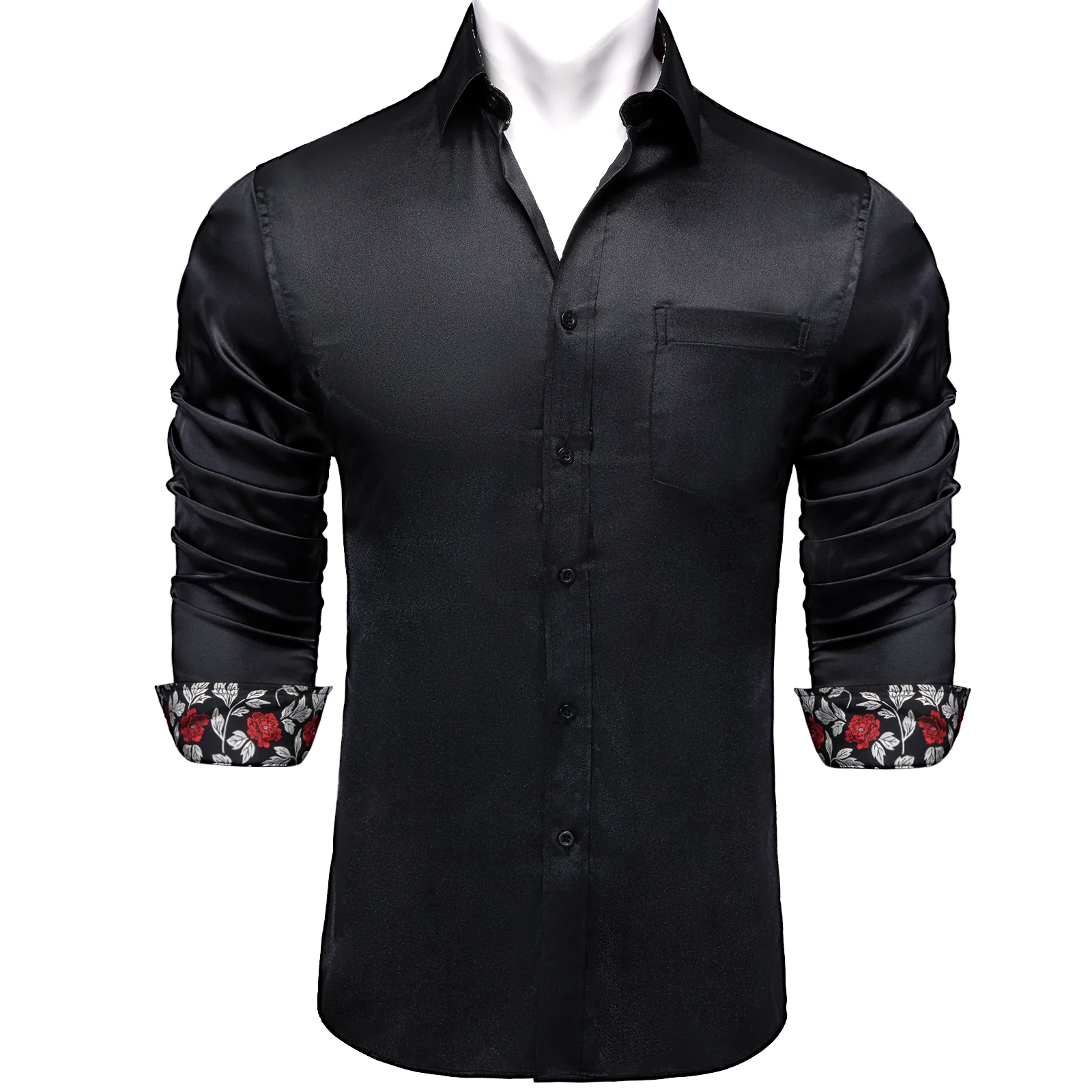 Splicing Style Black with White Floral Edge Men's Solid Long Sleeve Shirt