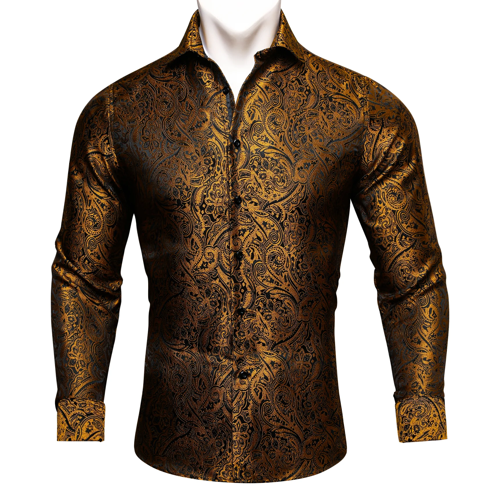 Black Golden Paisley Silk Men's Long Sleeve Shirt