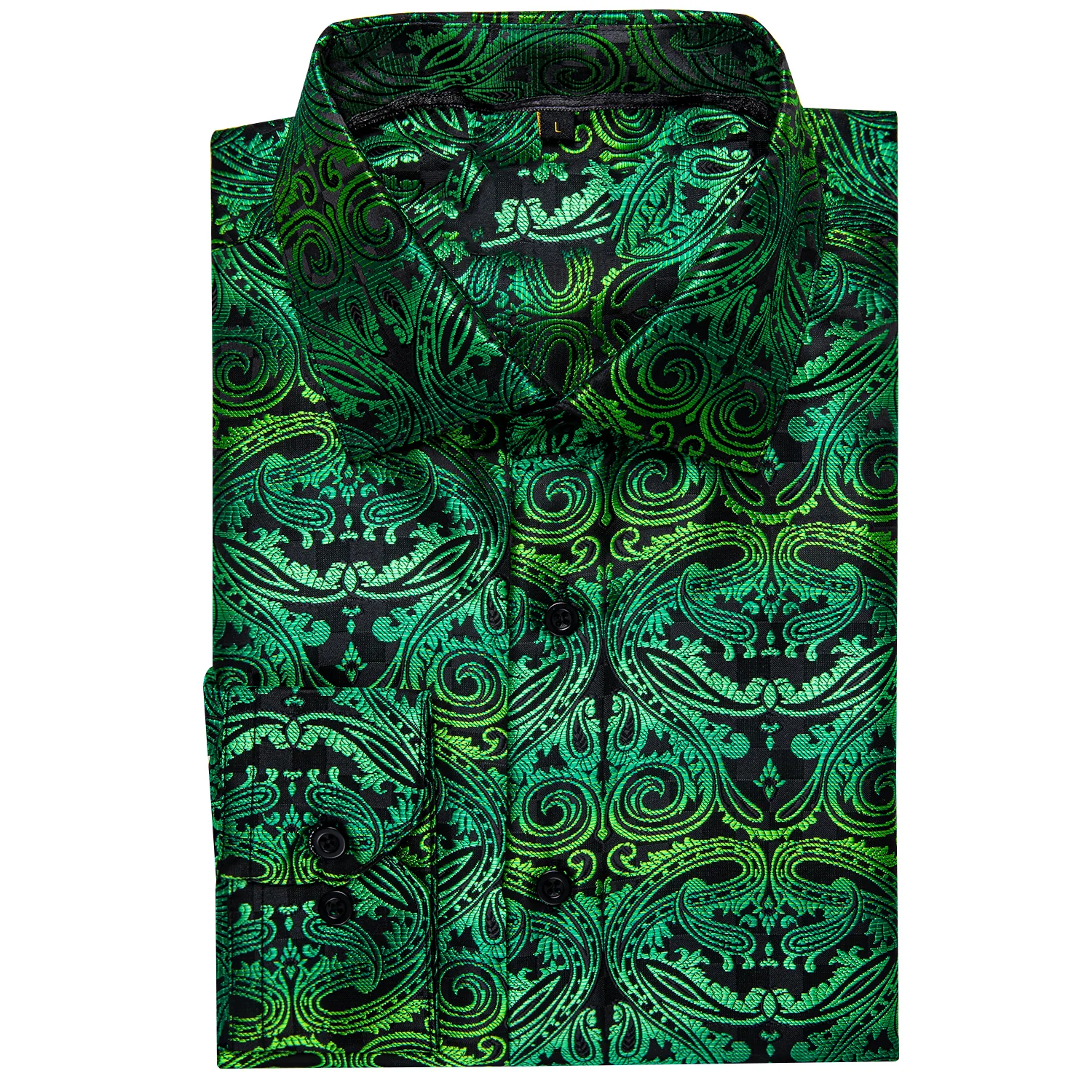 Black Gradient Green Paisley Silk Men's Long Sleeve Shirt