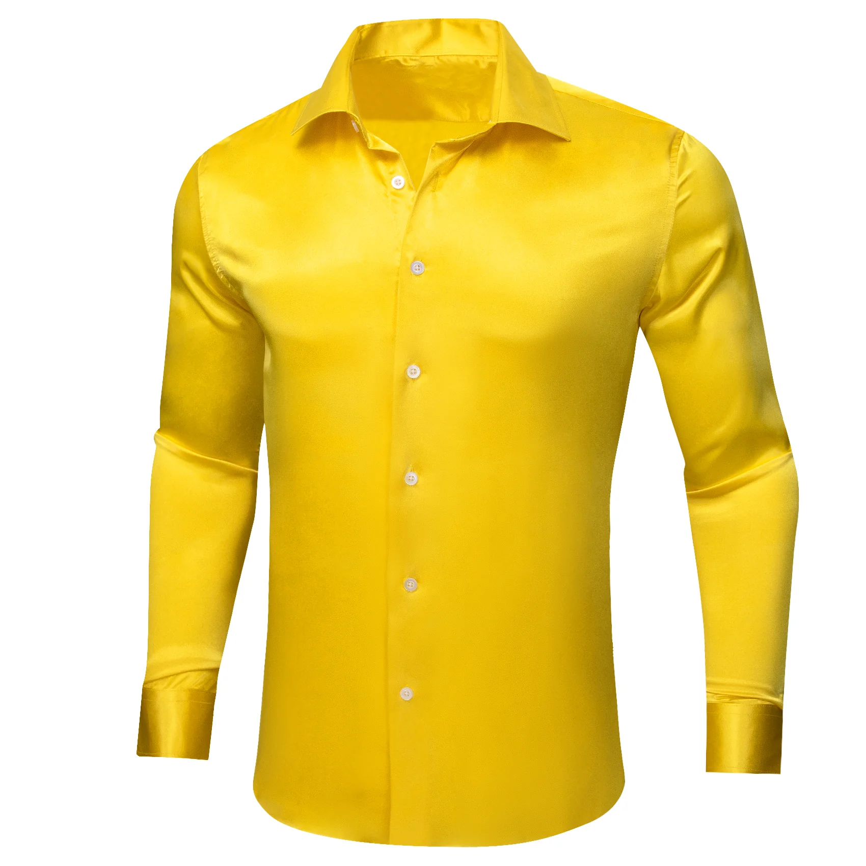 New Lemon Yellow Solid Satin Silk Men's Long Sleeve Shirt