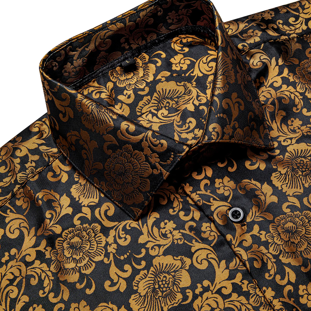New Golden Brown Floral Silk Men's Long Sleeve Shirt